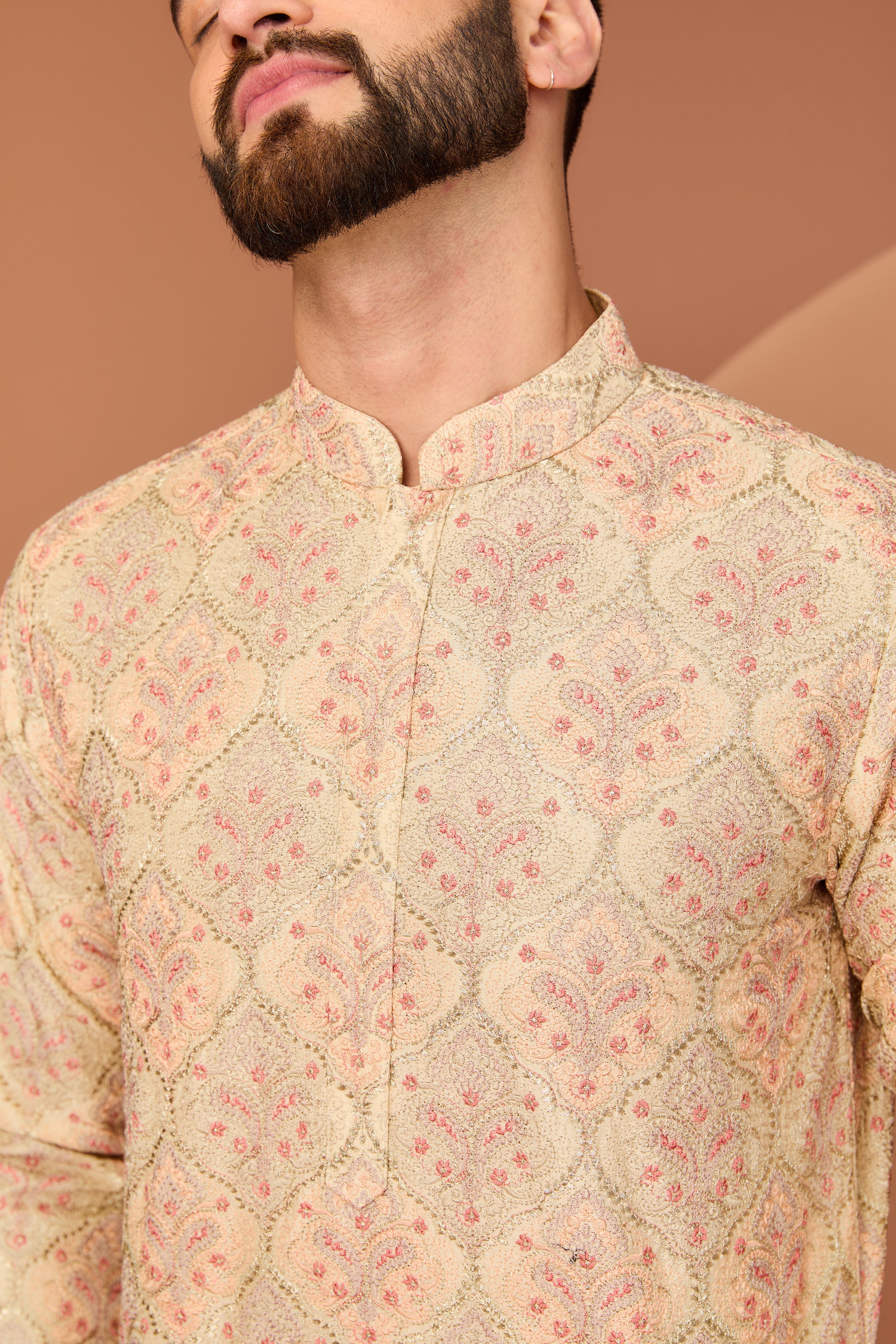 Cream-beige chikankari kurta with intricate gota and multi-threadwork - kasbahmen