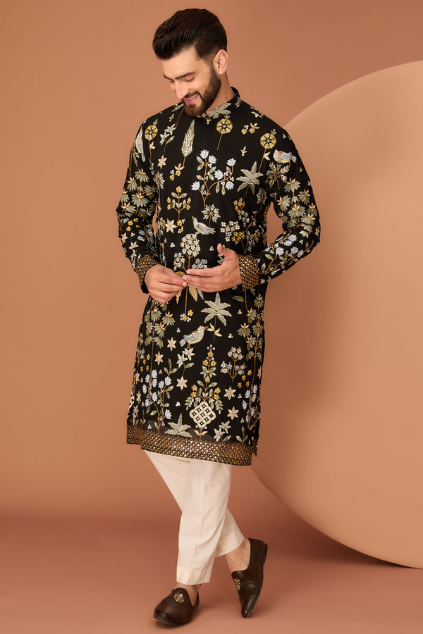 Black flora-fauna embroidered kurta - kasbahmen