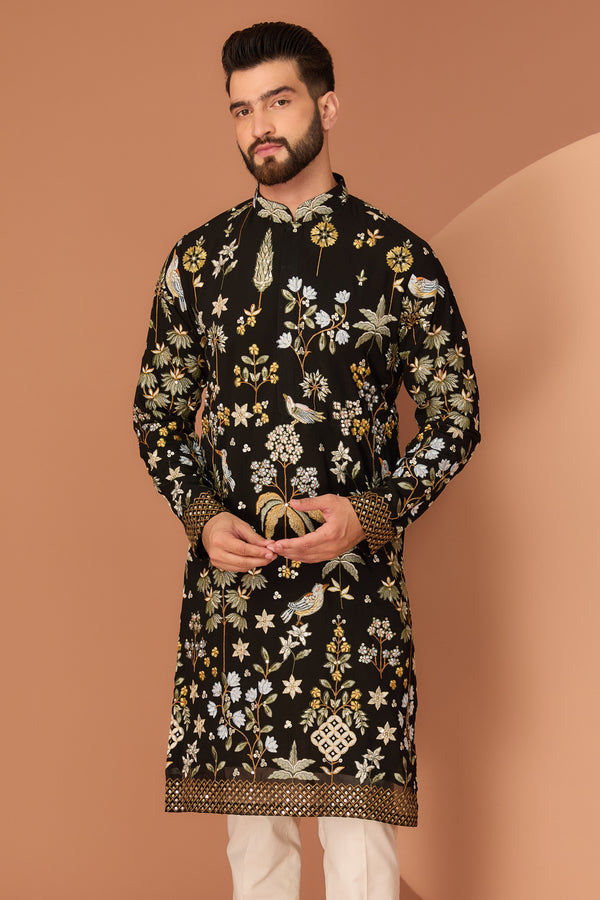 Black flora-fauna embroidered kurta - kasbahmen