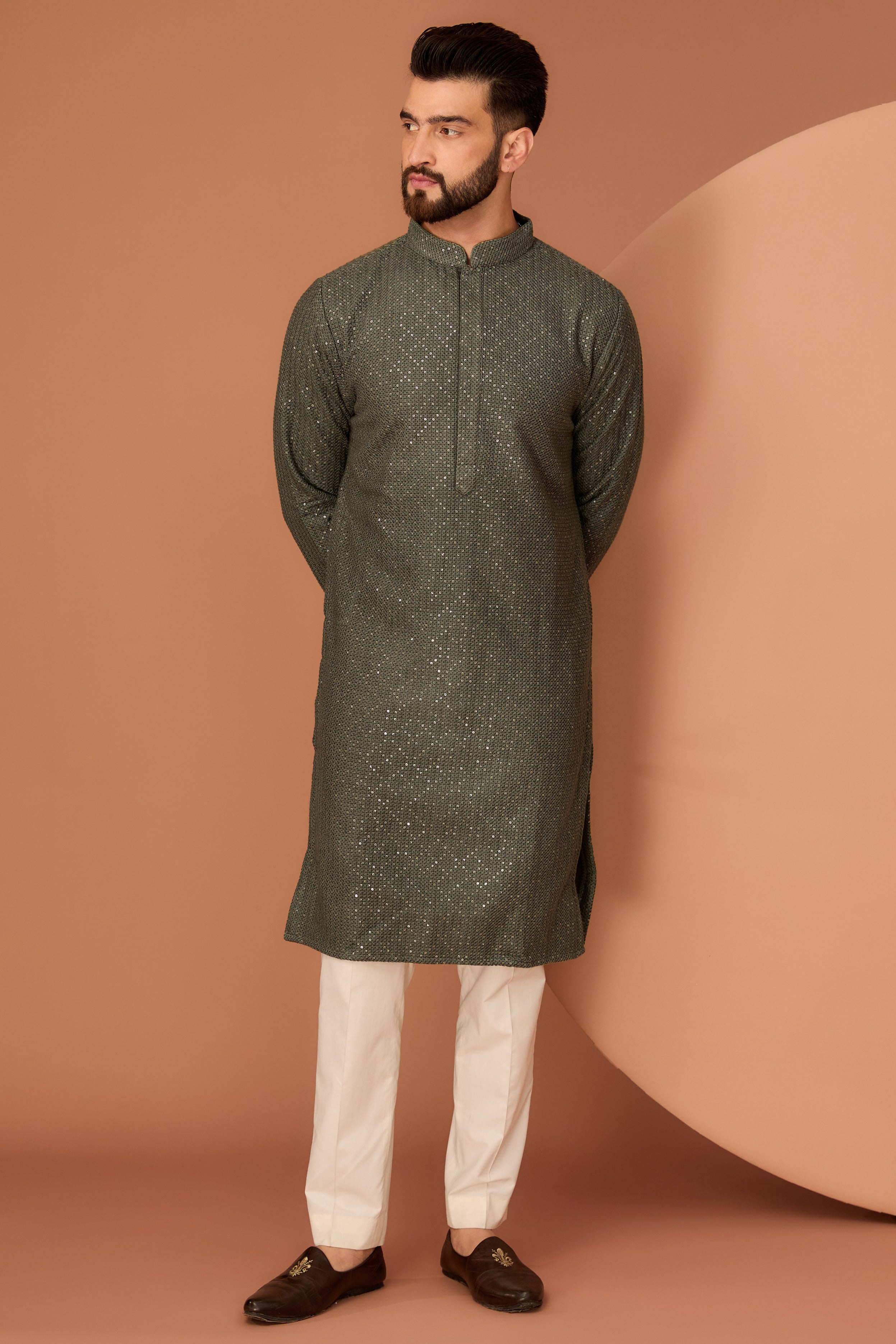 Military green chikankari kurta with heavy thread and sequins work - kasbahmen