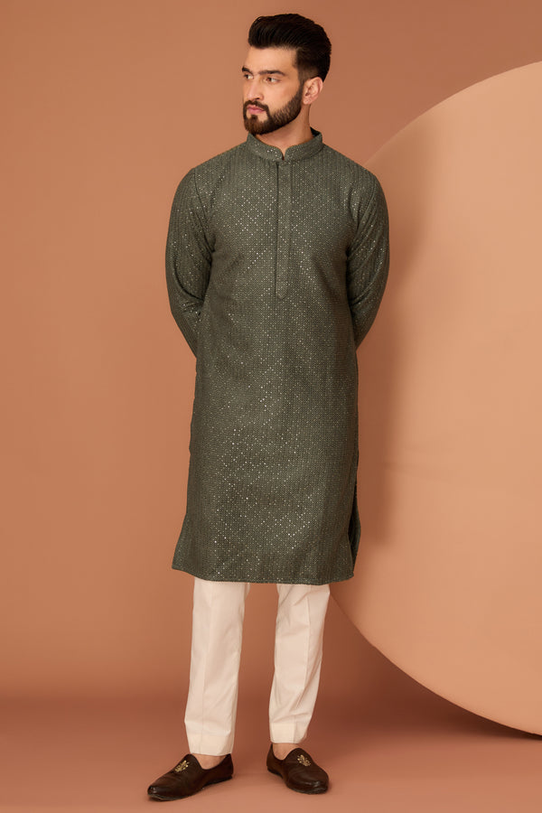 Military green chikankari kurta with heavy thread and sequins work - kasbahmen