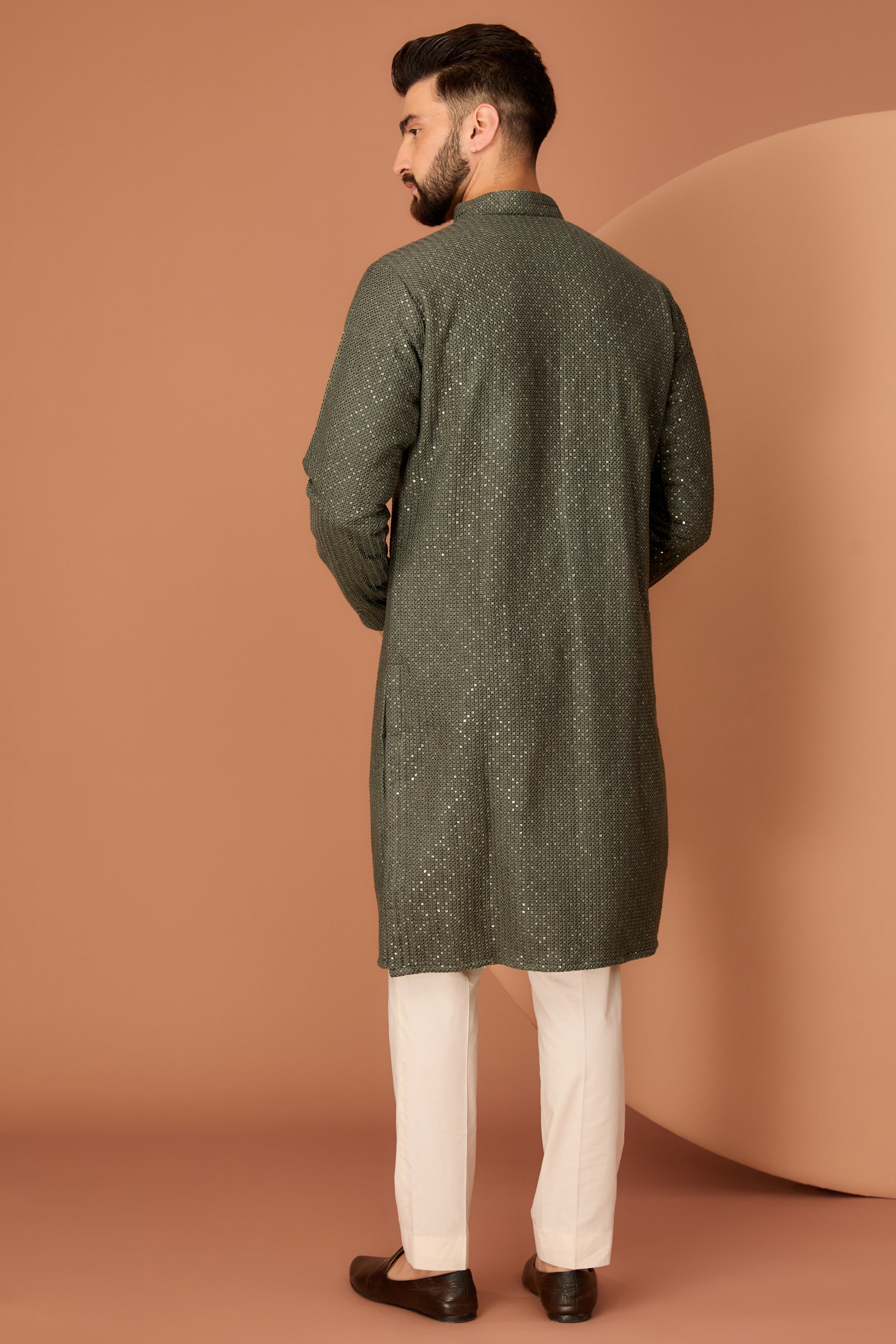 Military green chikankari kurta with heavy thread and sequins work - kasbahmen