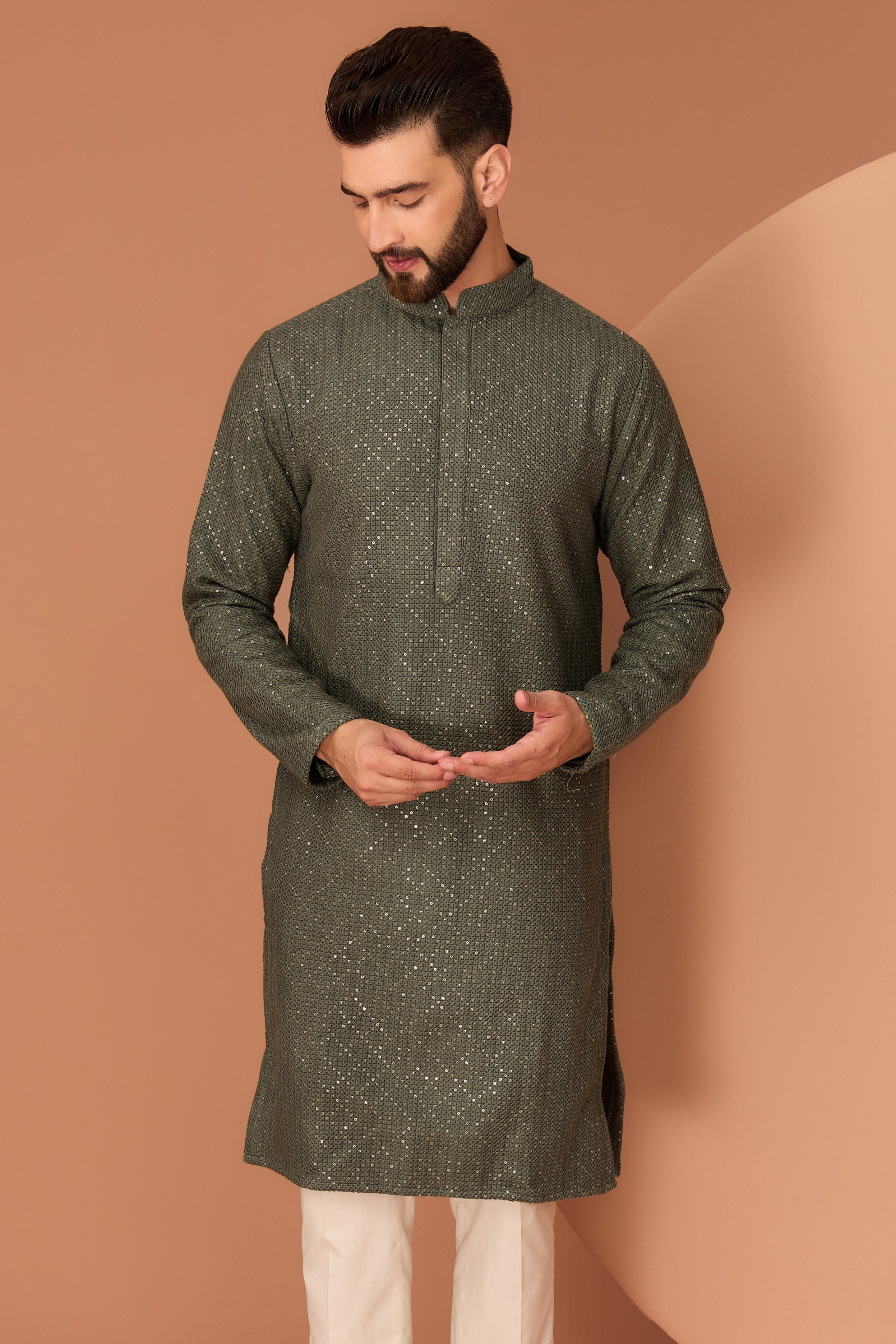 Military green chikankari kurta with heavy thread and sequins work - kasbahmen