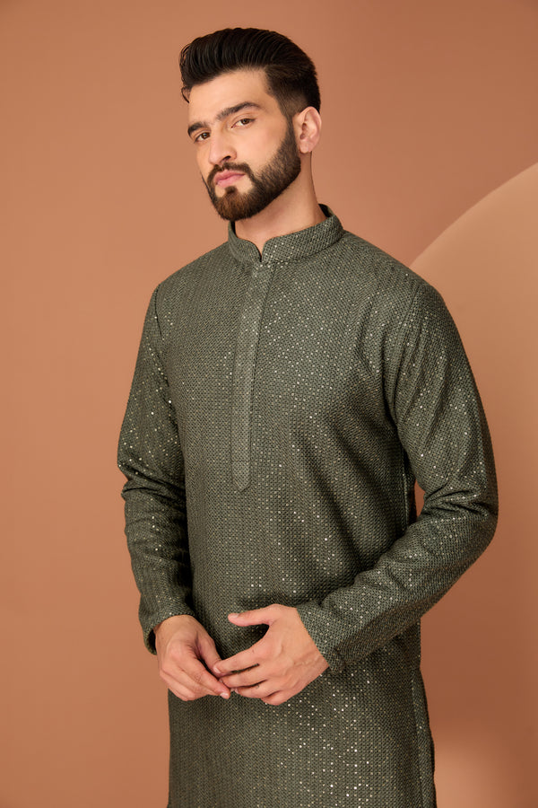 Military green chikankari kurta with heavy thread and sequins work - kasbahmen