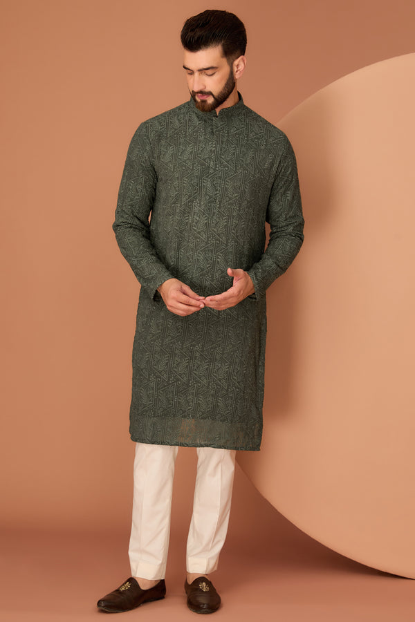 Military green chikankari kurta with paisley embroidery - kasbahmen