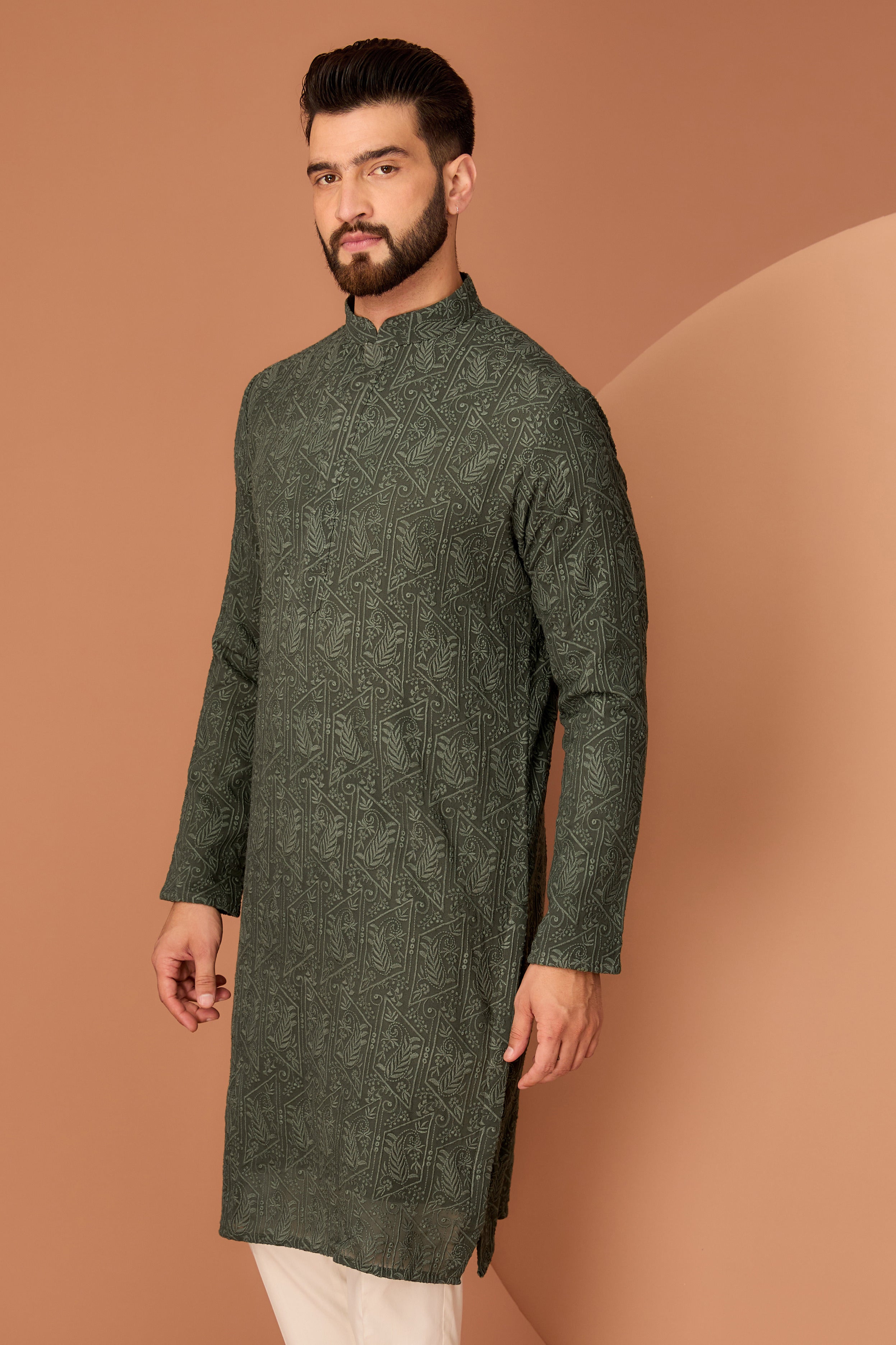 Military green chikankari kurta with paisley embroidery - kasbahmen