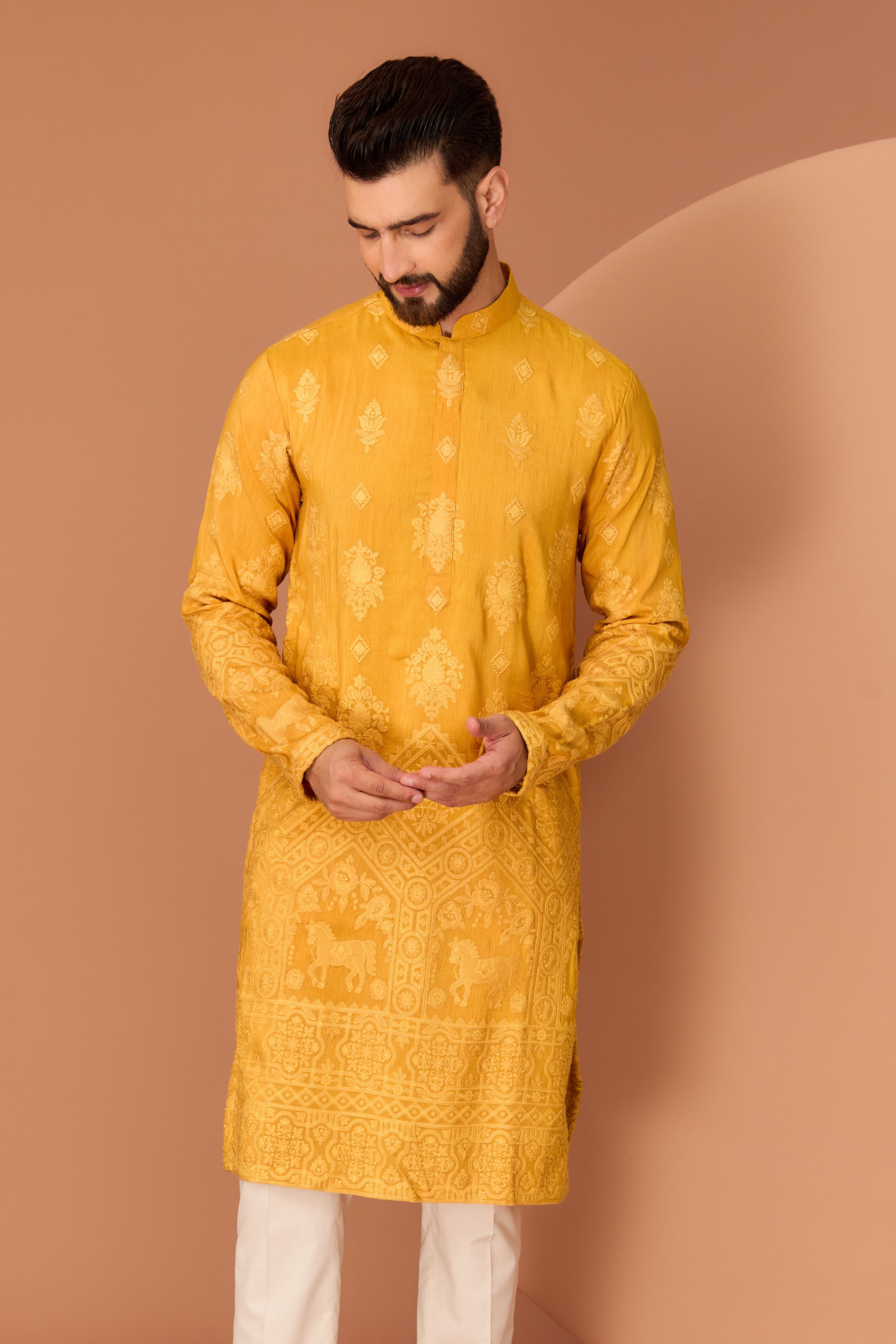 Mustard chikankari kurta with intricate fiigure embroidery on the ghera - kasbahmen