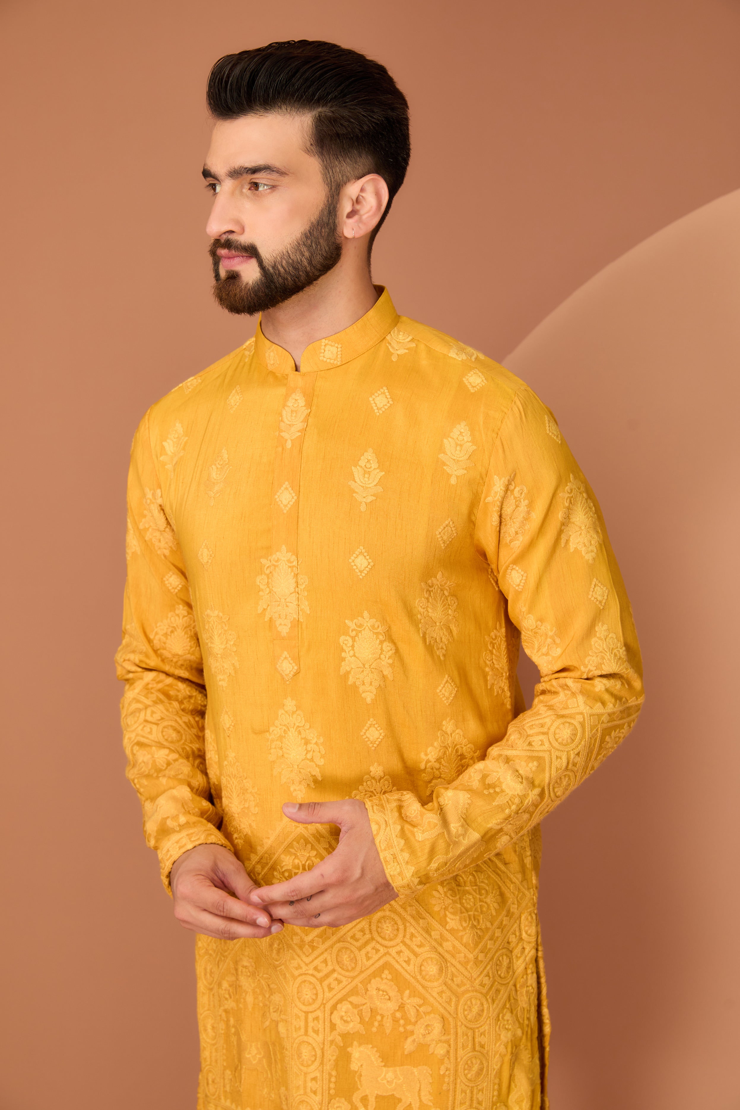 Mustard chikankari kurta with intricate fiigure embroidery on the ghera - kasbahmen