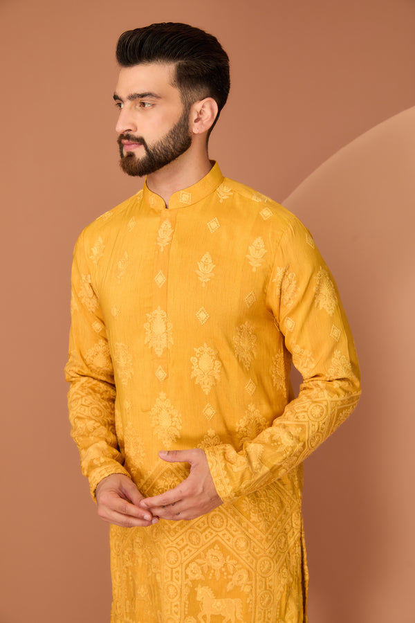 Mustard chikankari kurta with intricate fiigure embroidery on the ghera - kasbahmen