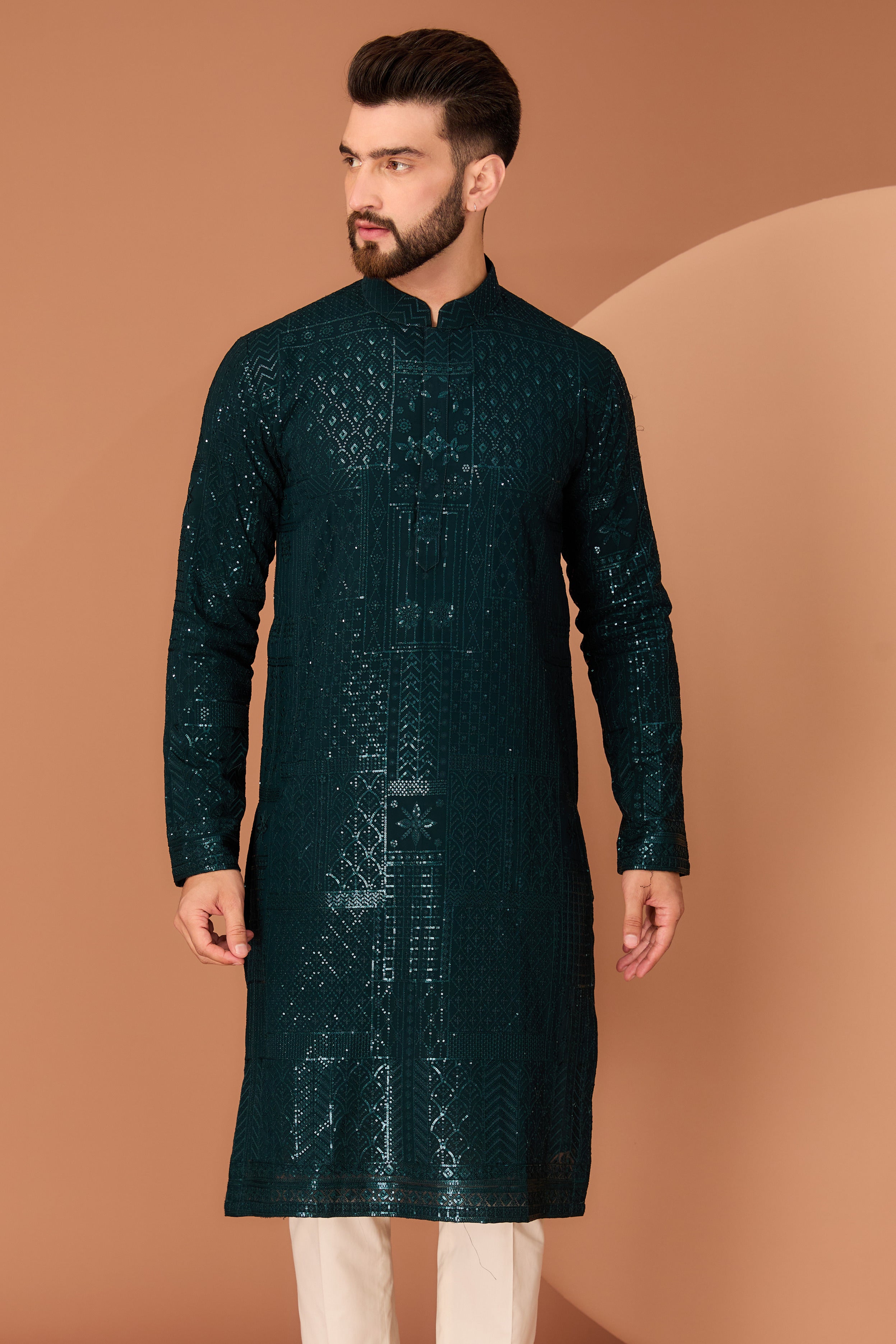 Bottle Green sequined kurta - kasbahmen