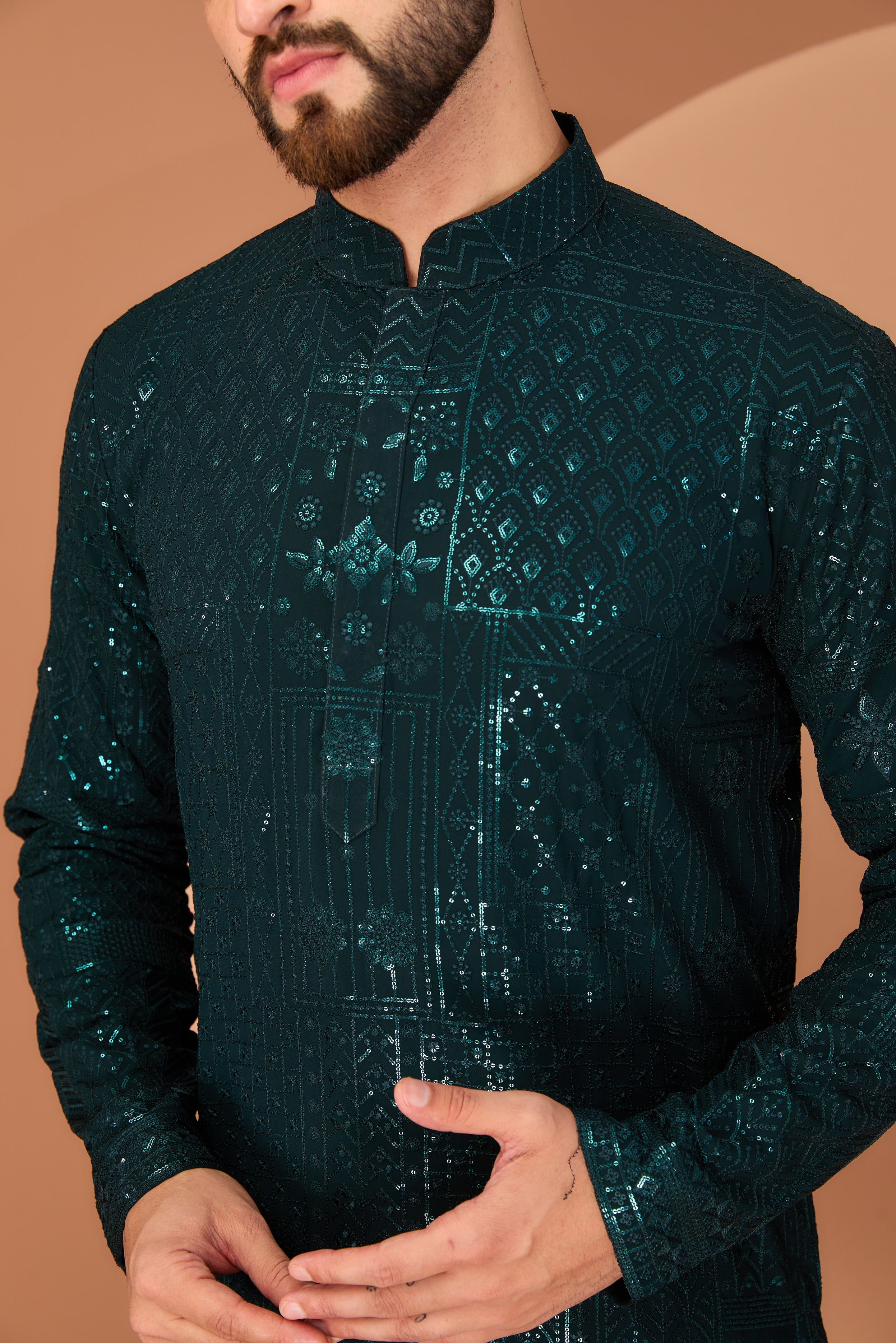 Bottle Green sequined kurta - kasbahmen