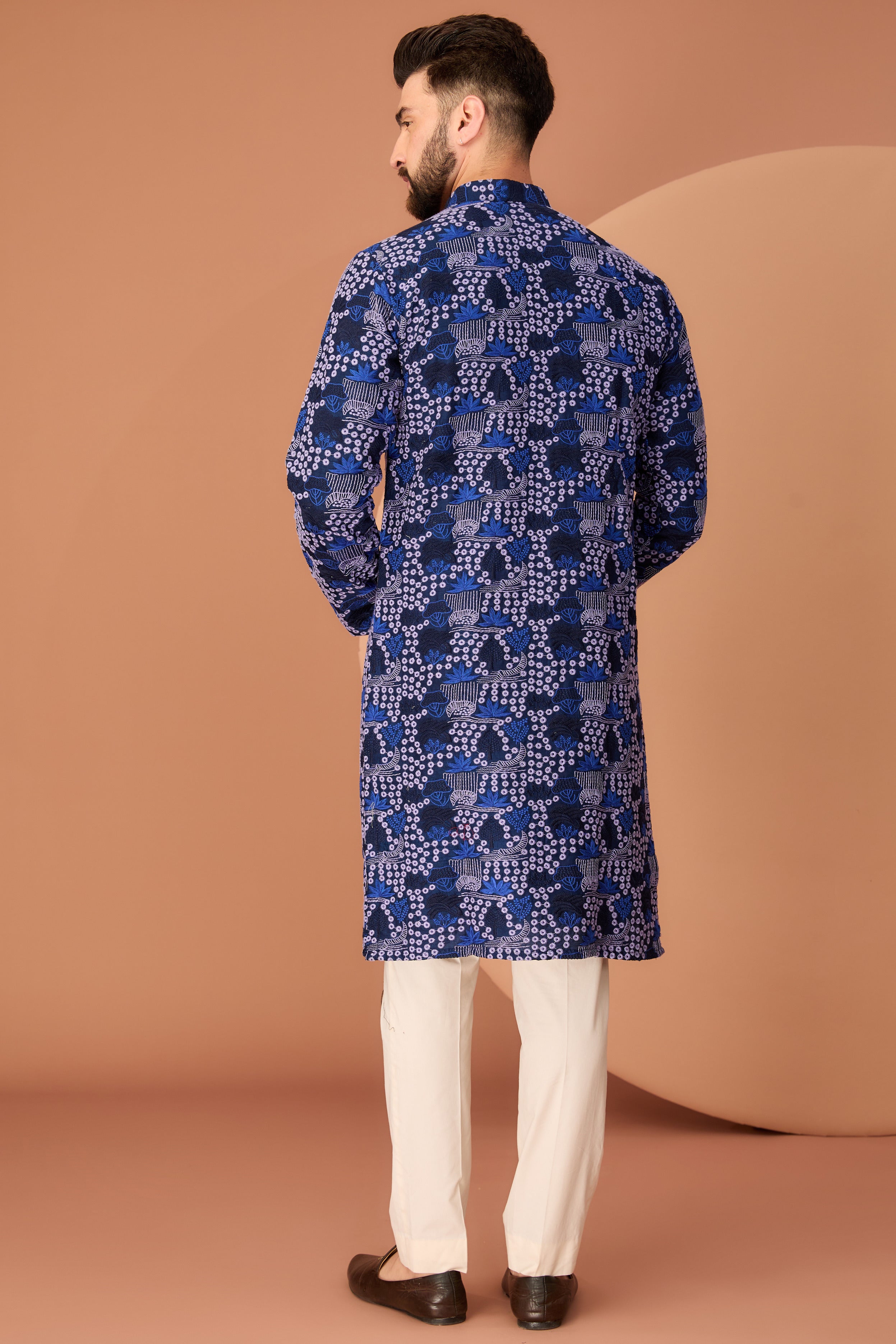 Navy Blue floral kurta with intricate multi-thread work - kasbahmen