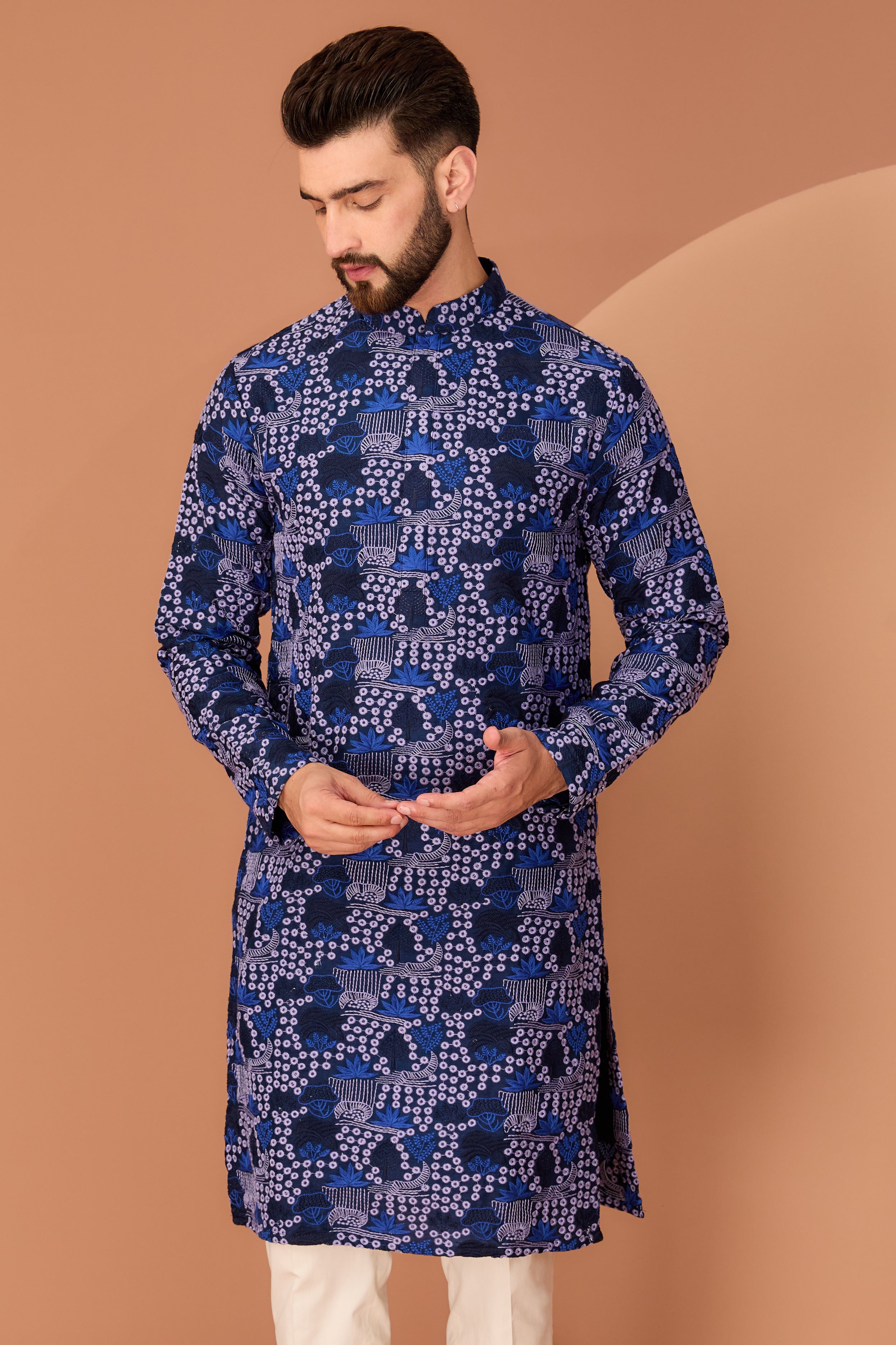 Navy Blue floral kurta with intricate multi-thread work - kasbahmen