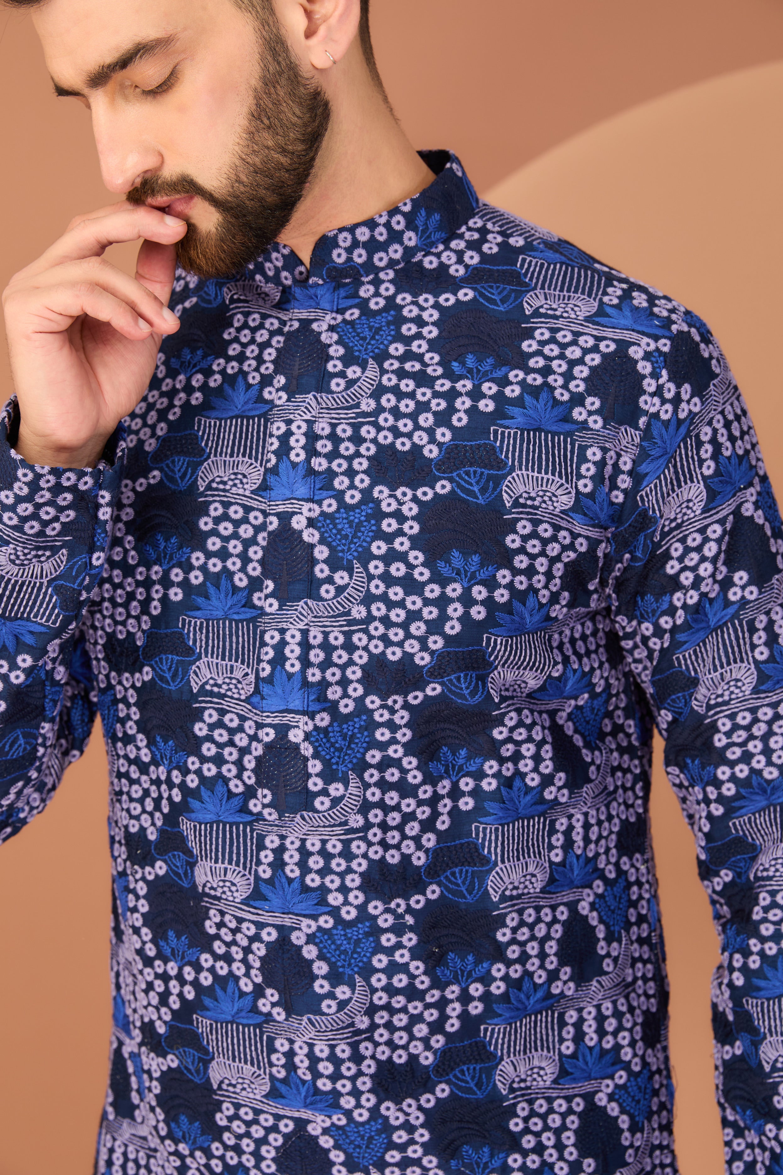 Navy Blue floral kurta with intricate multi-thread work - kasbahmen