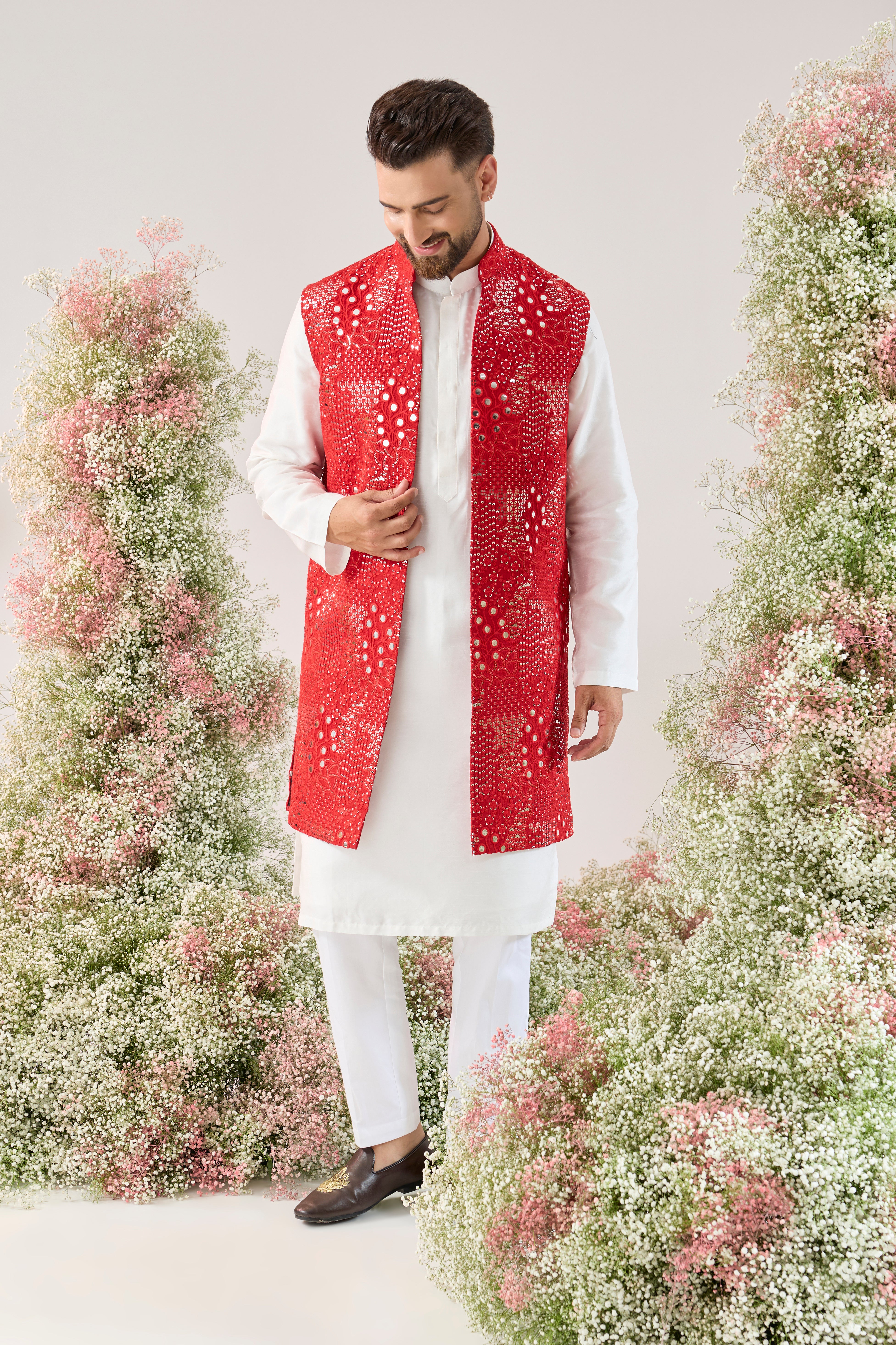 signature red mirror work long open jacket