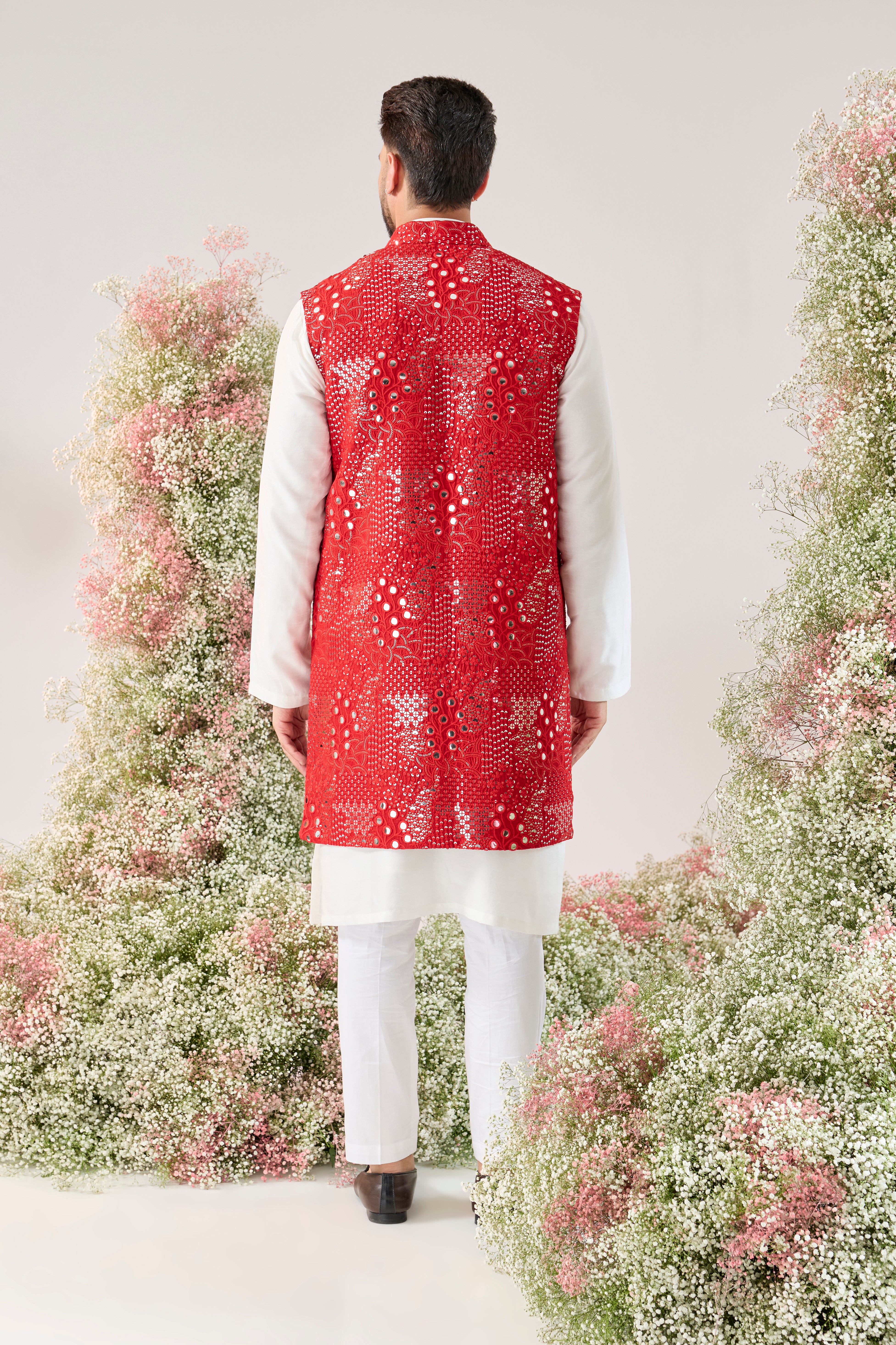 signature red mirror work long open jacket