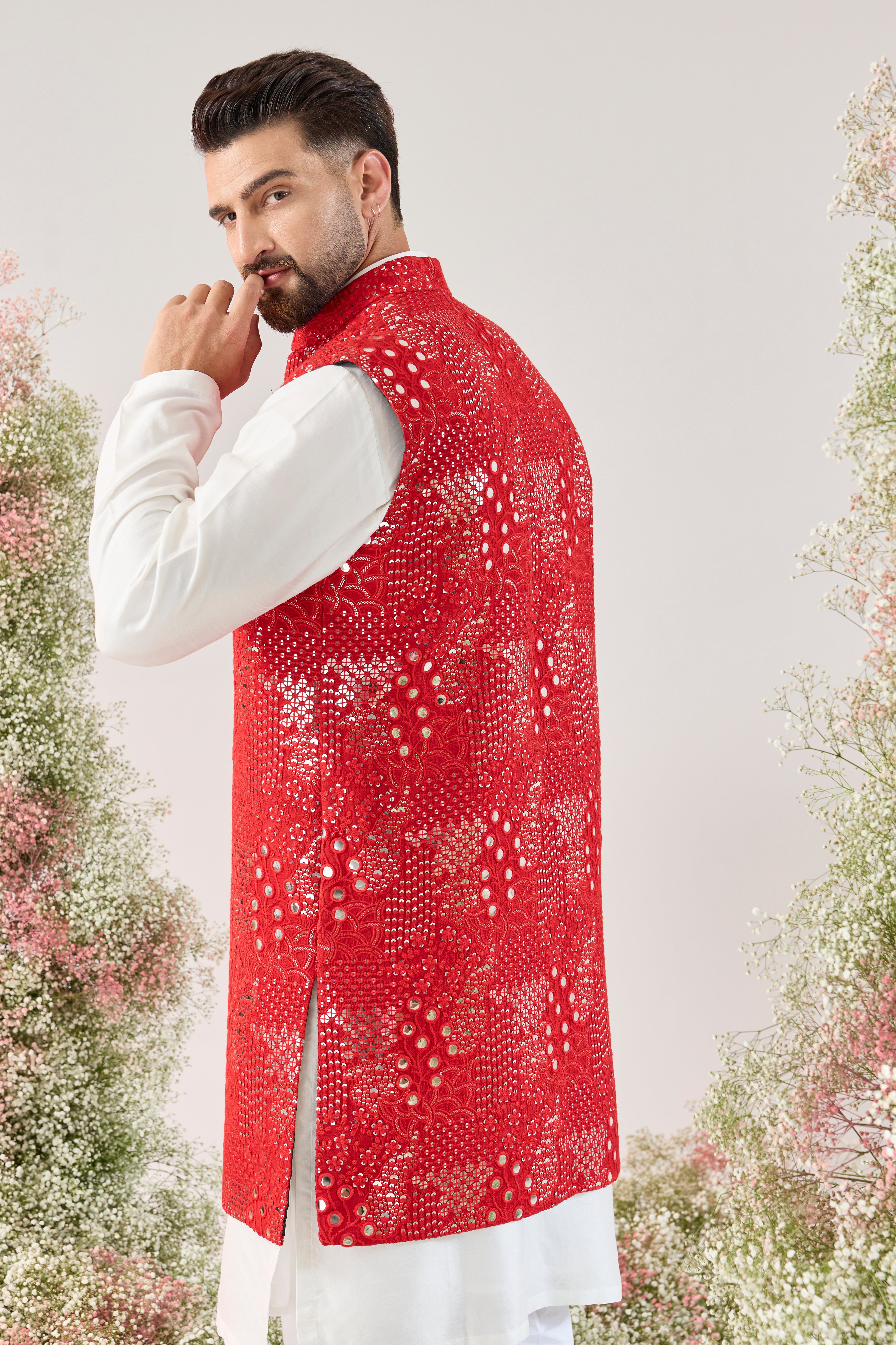 signature red mirror work long open jacket