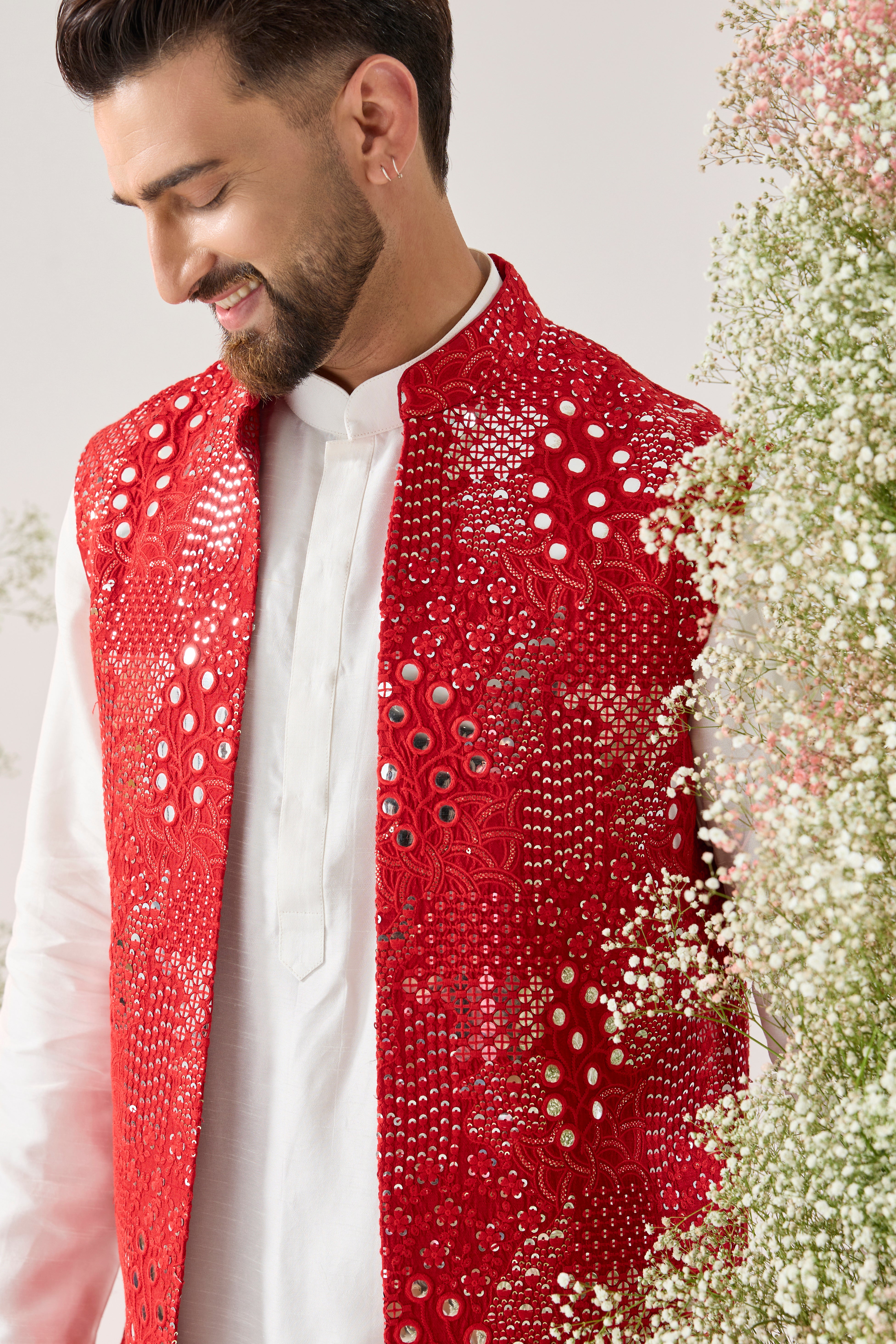 signature red mirror work long open jacket