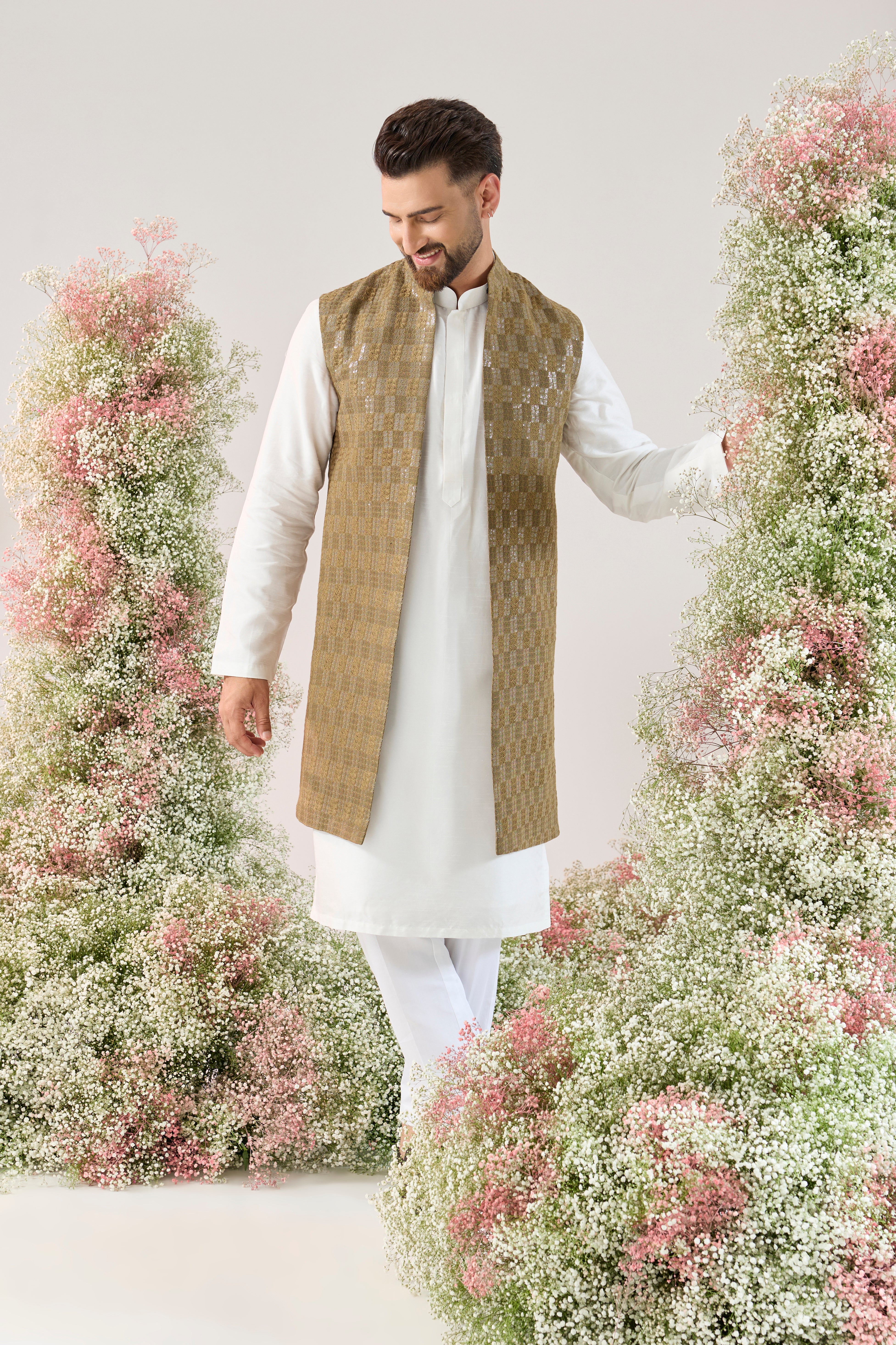 brown sequined long open jacket with detailed threadwork