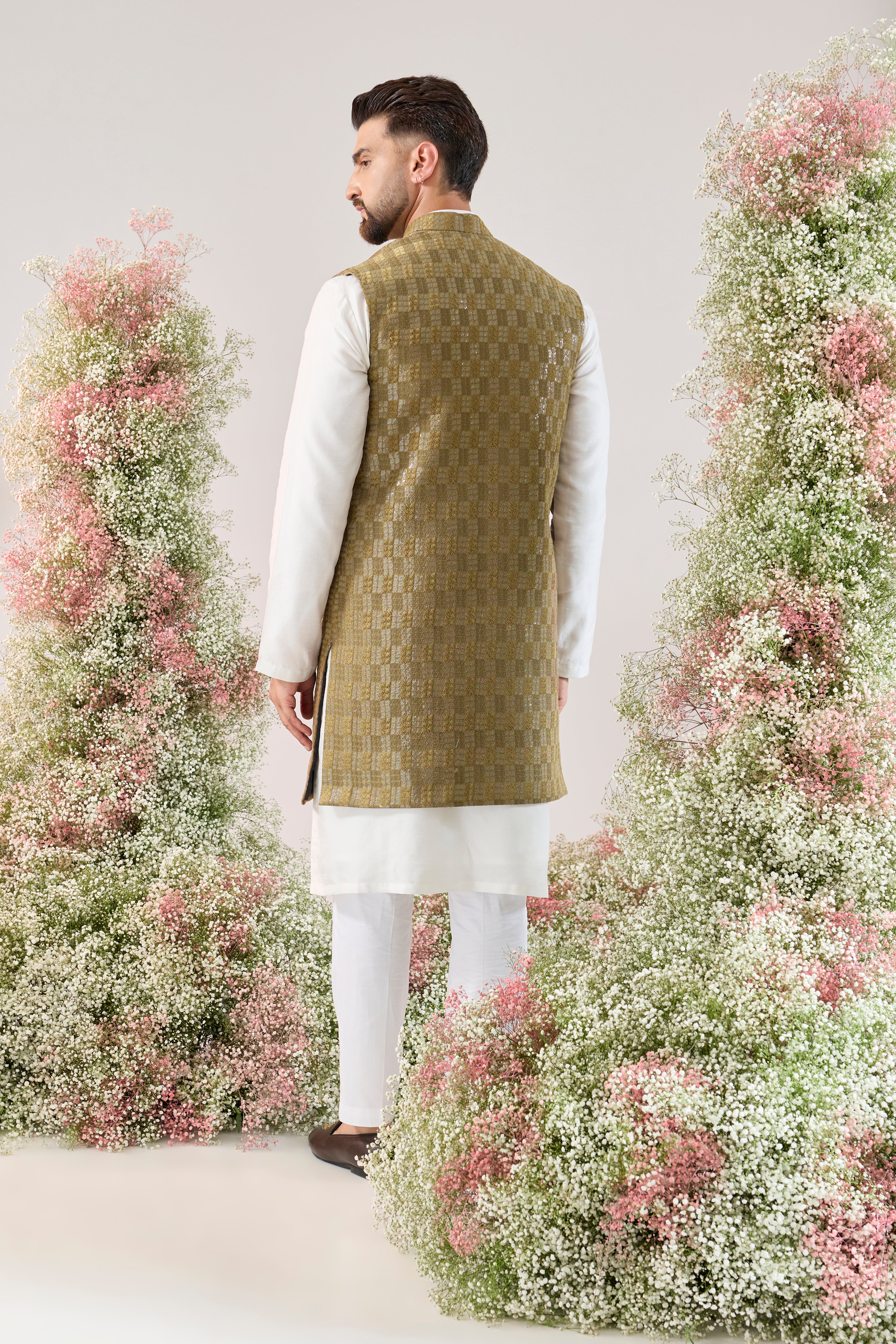 brown sequined long open jacket with detailed threadwork