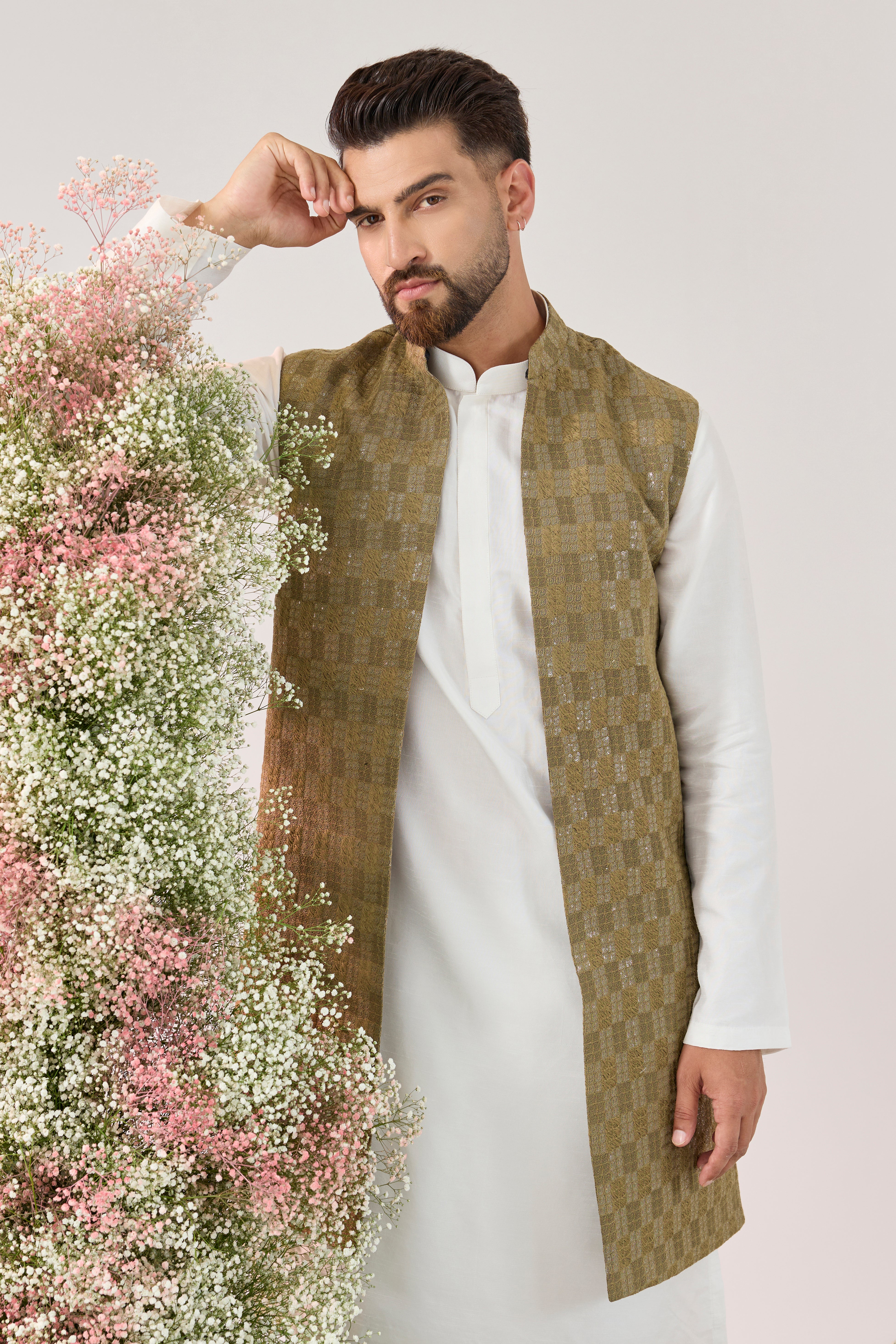 brown sequined long open jacket with detailed threadwork