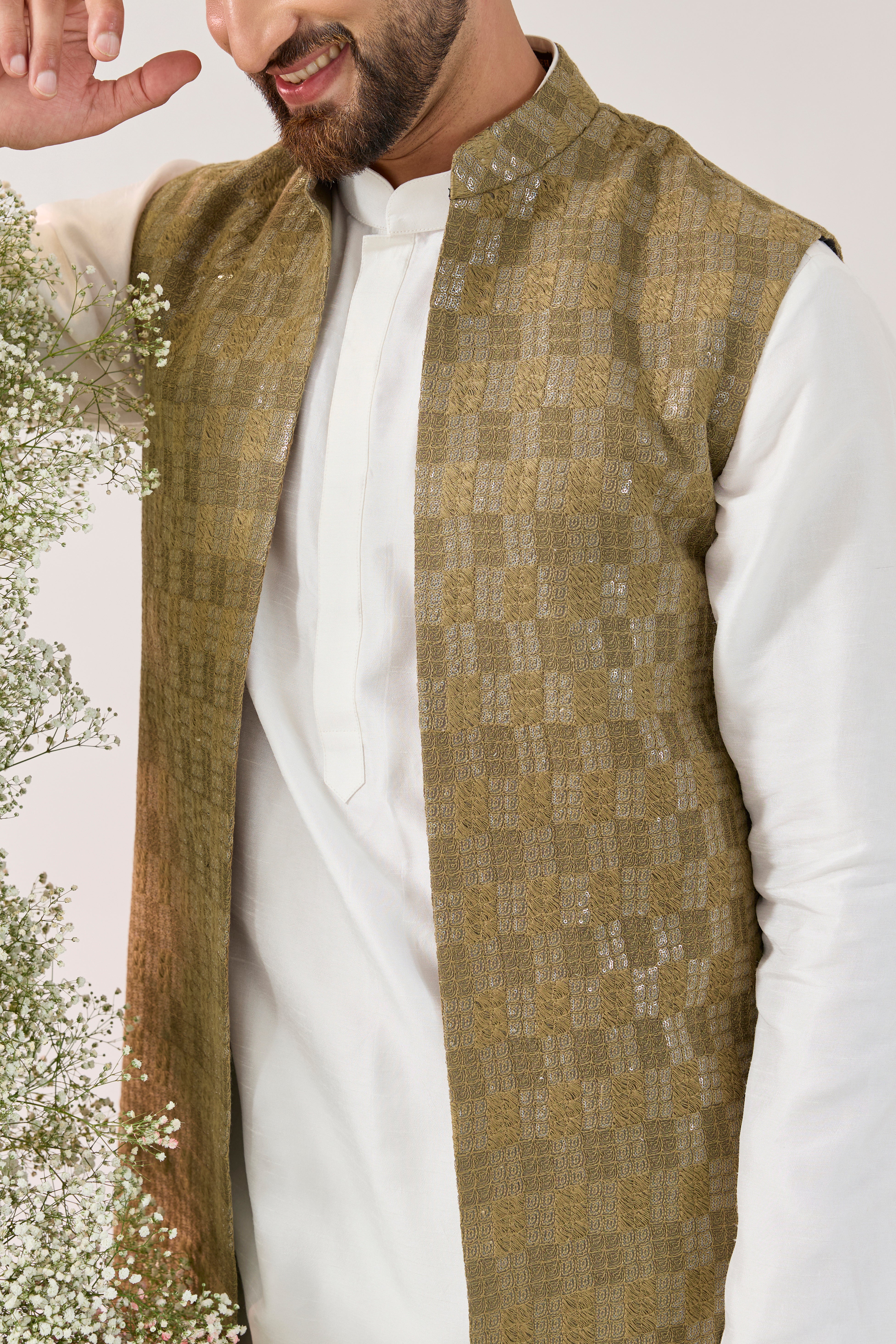 brown sequined long open jacket with detailed threadwork