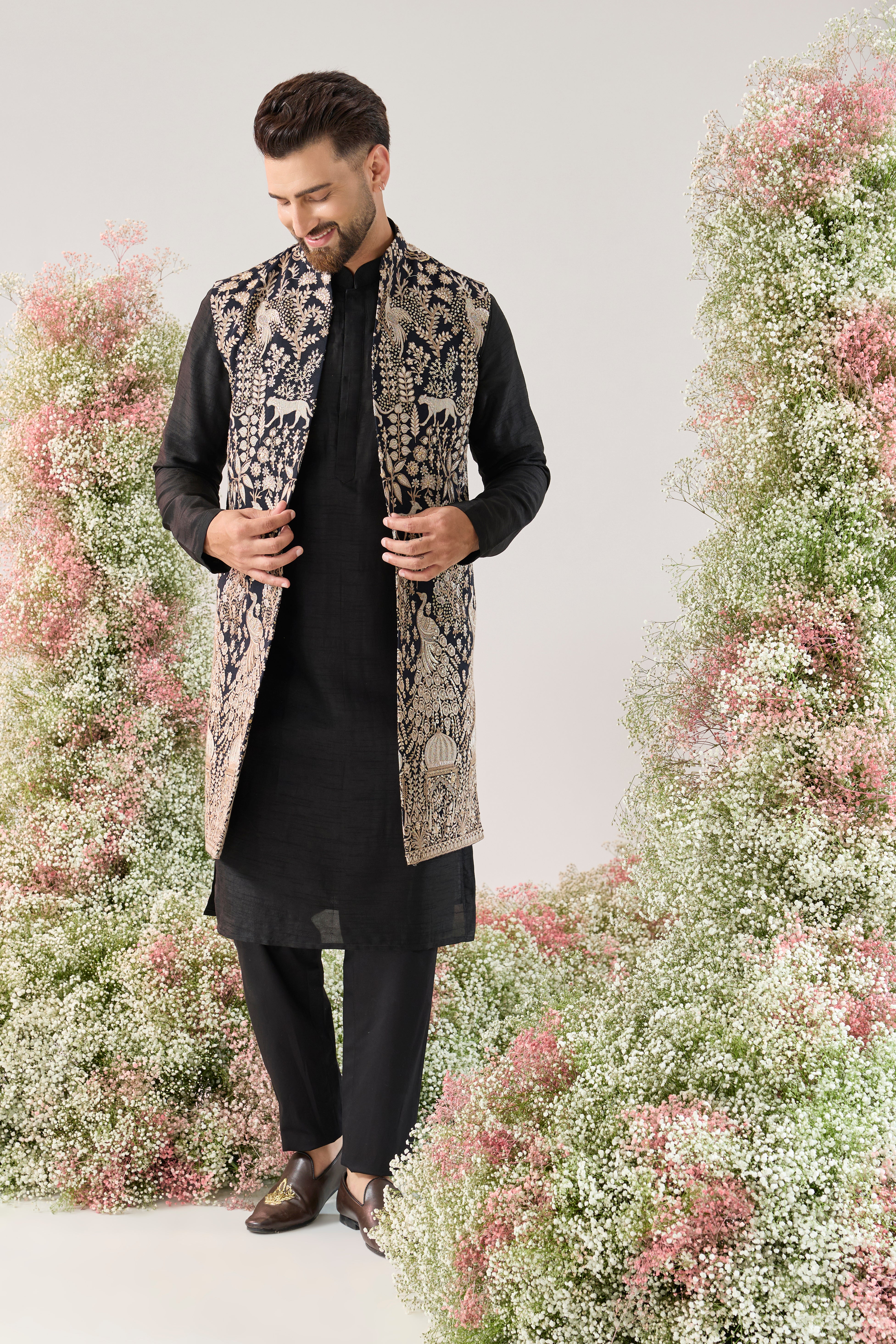 teal royal heritage jacket with detailed flora and fauna figures