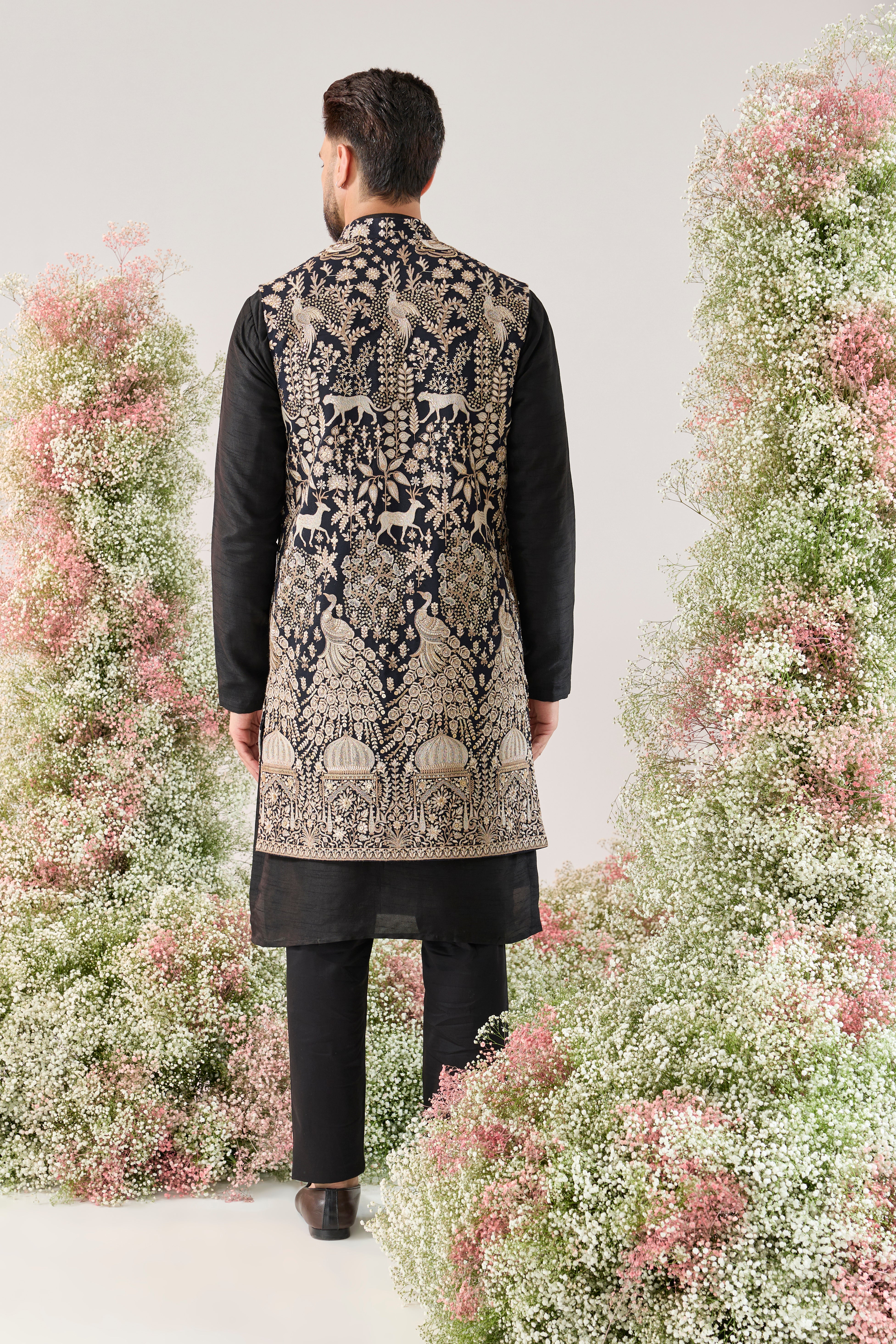 teal royal heritage jacket with detailed flora and fauna figures