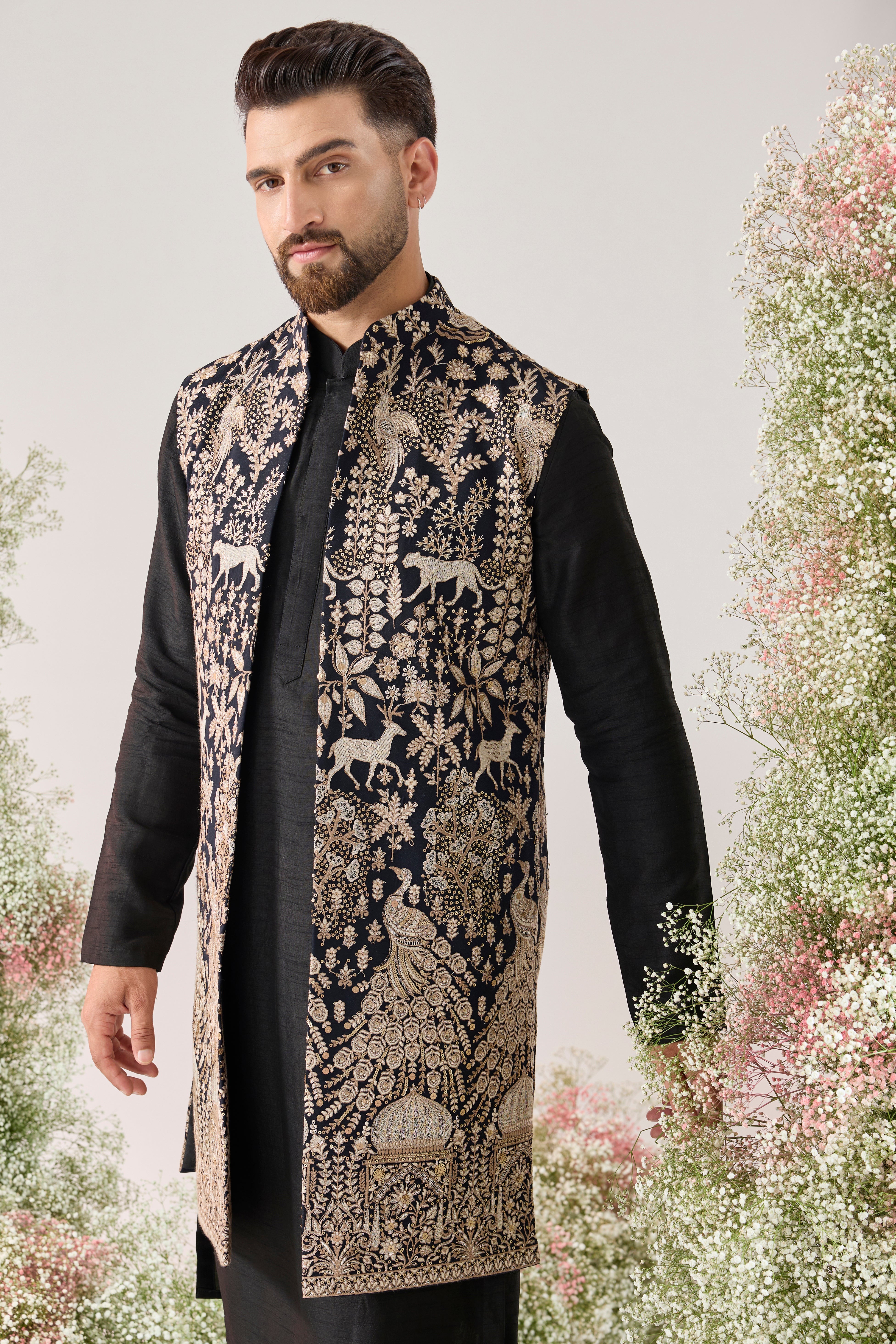 teal royal heritage jacket with detailed flora and fauna figures
