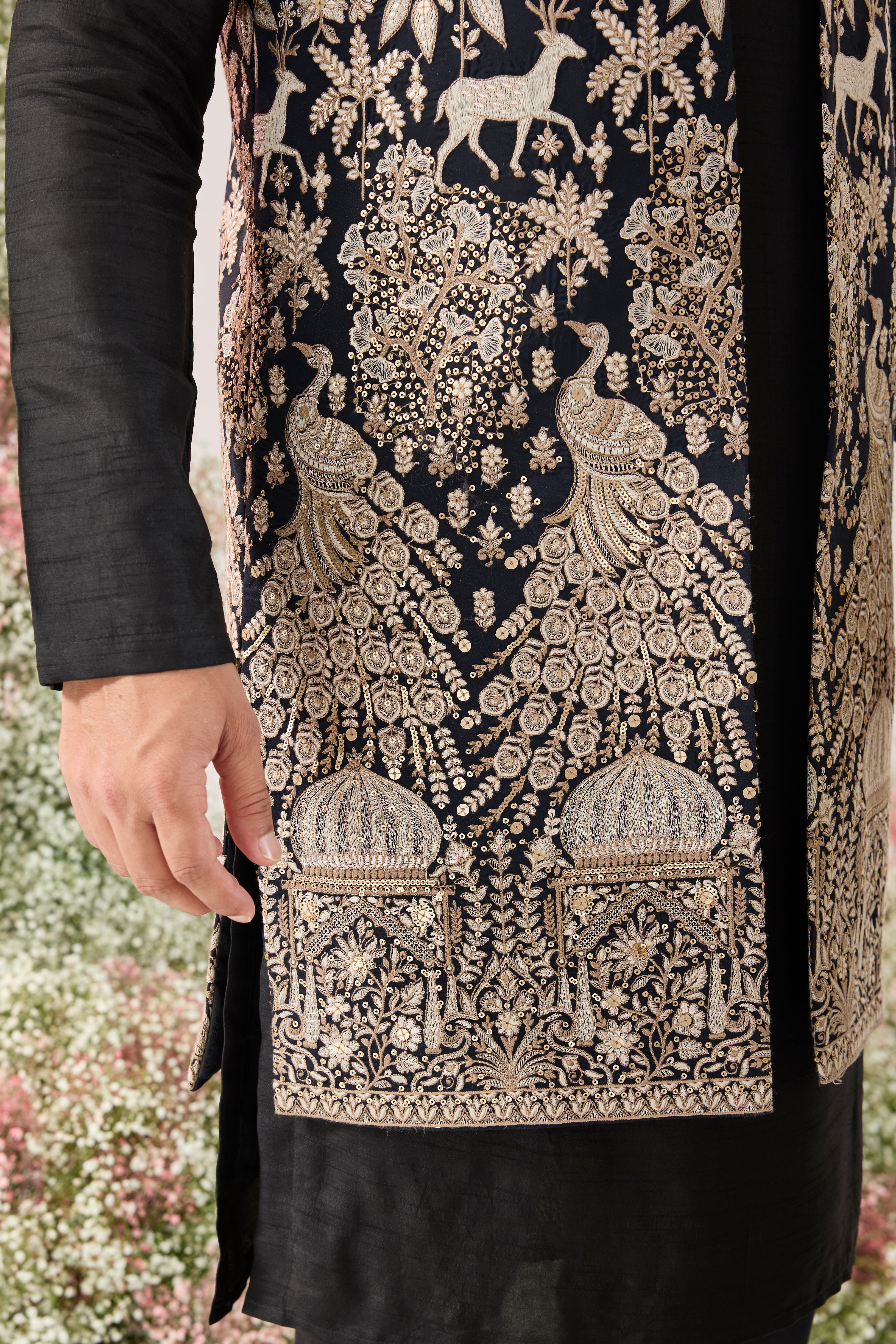 teal royal heritage jacket with detailed flora and fauna figures