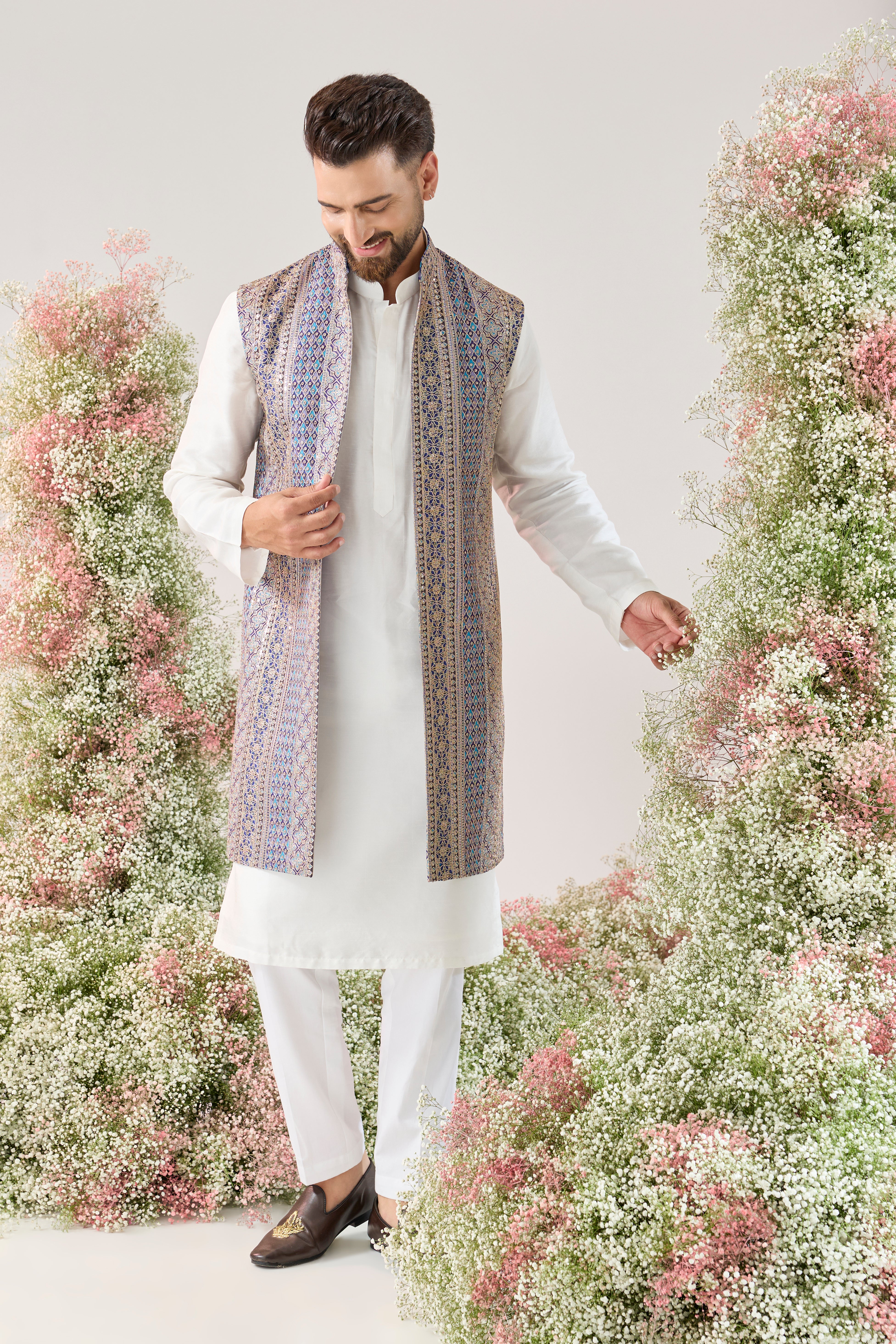 blue-purple long ope jacket with detailed zari work