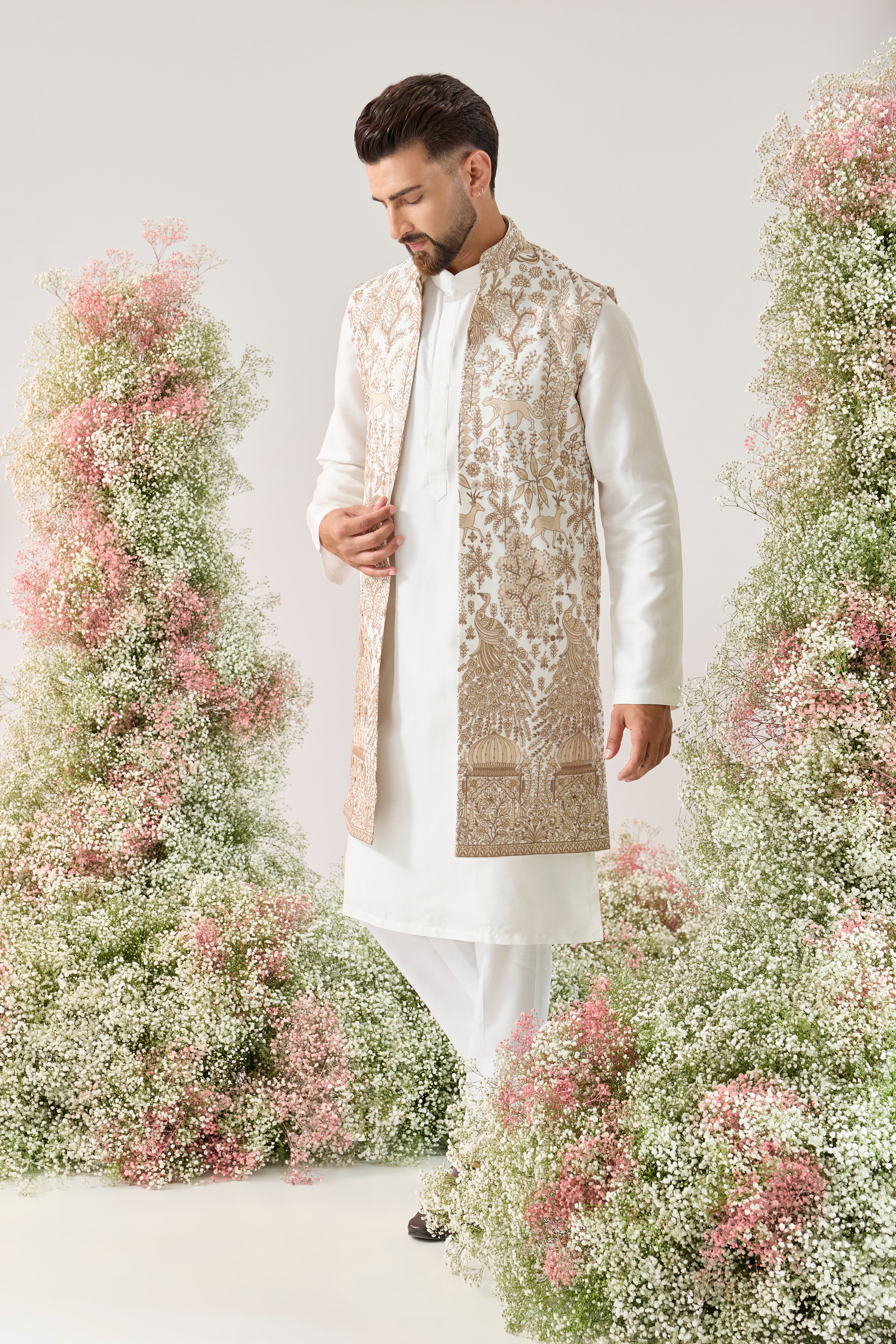 white rotal heritage long open jacket with deatiled flora and fauna figures