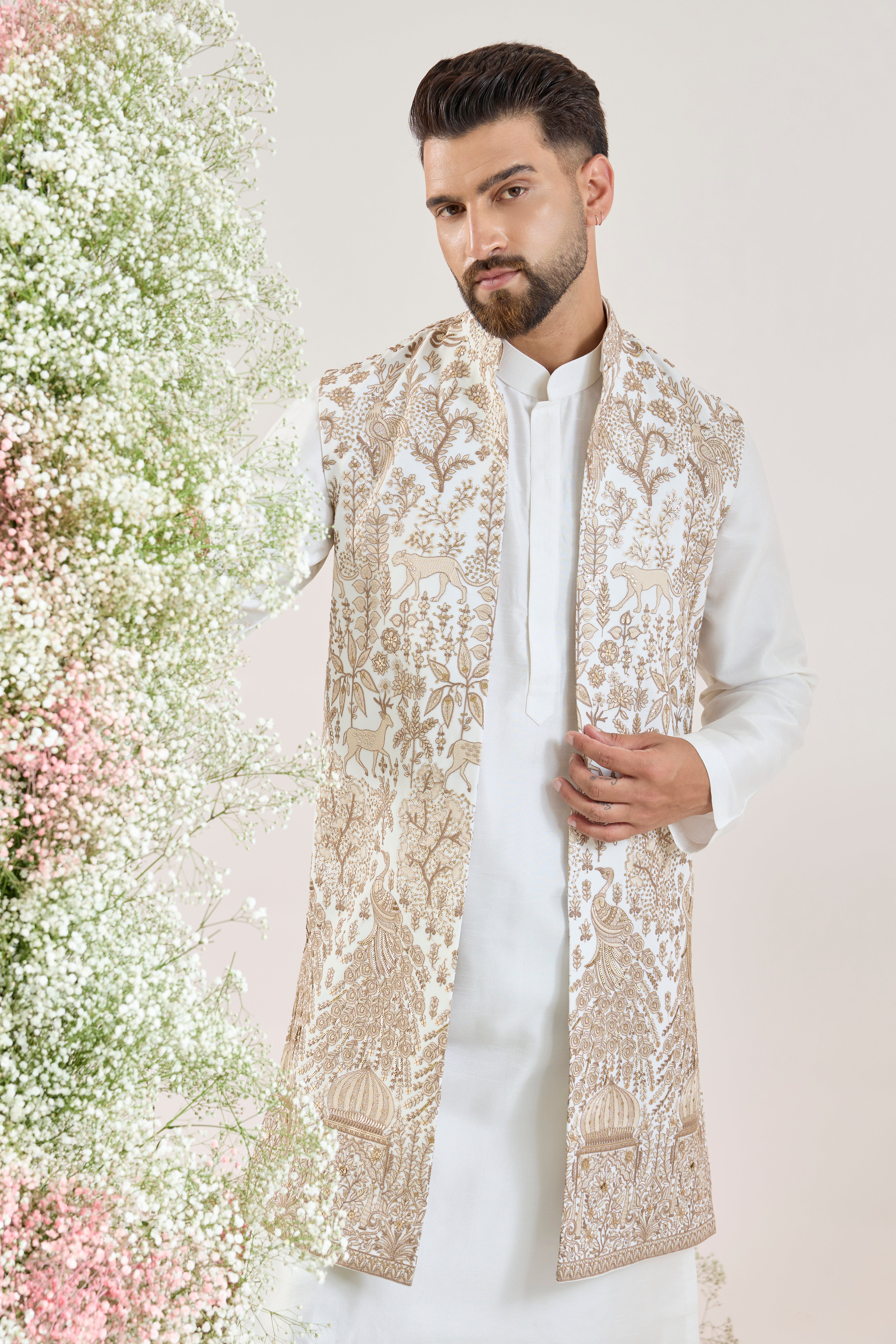 white rotal heritage long open jacket with deatiled flora and fauna figures