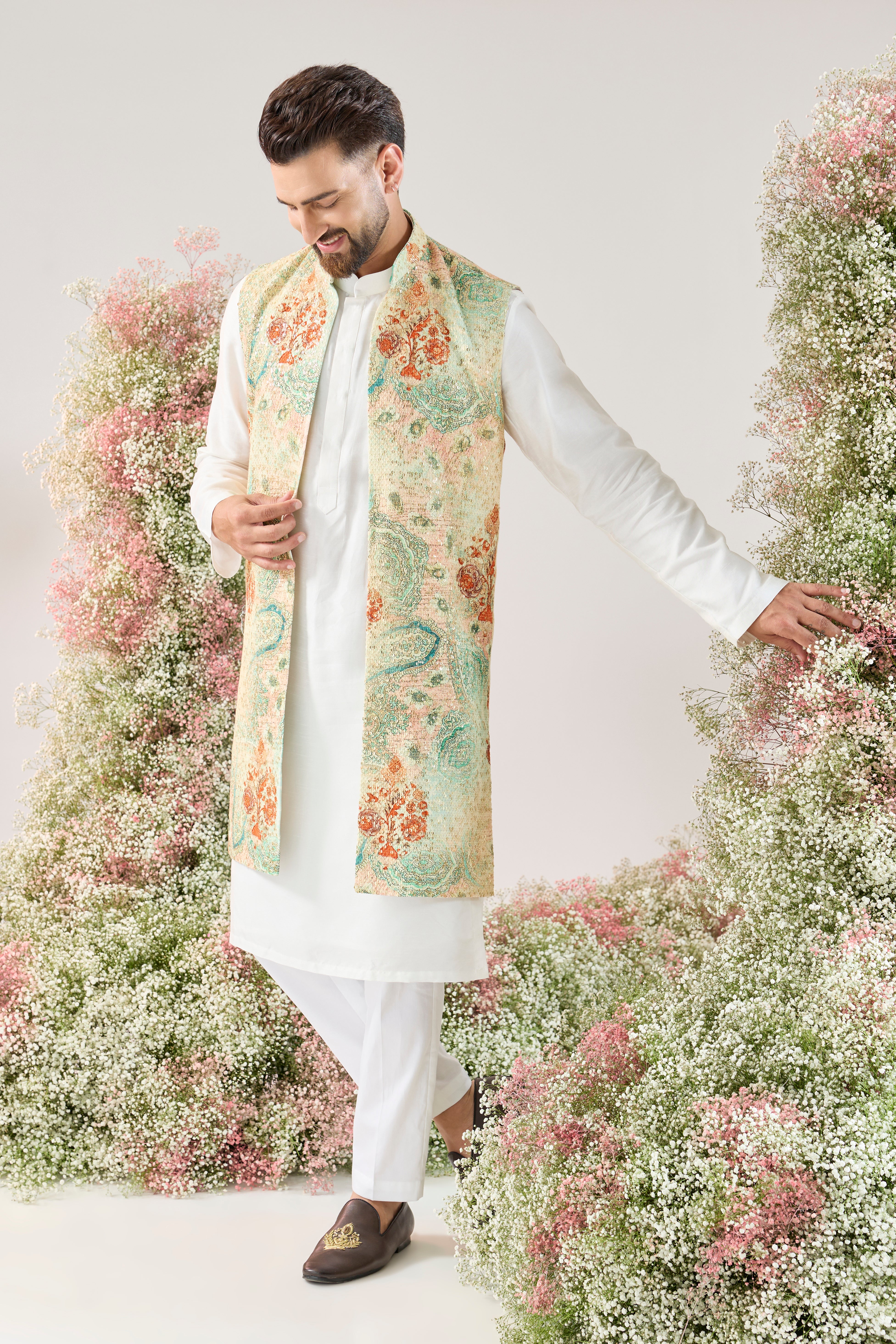 multi coloured kalamkari embrodried  long open jacket with sequin detailing