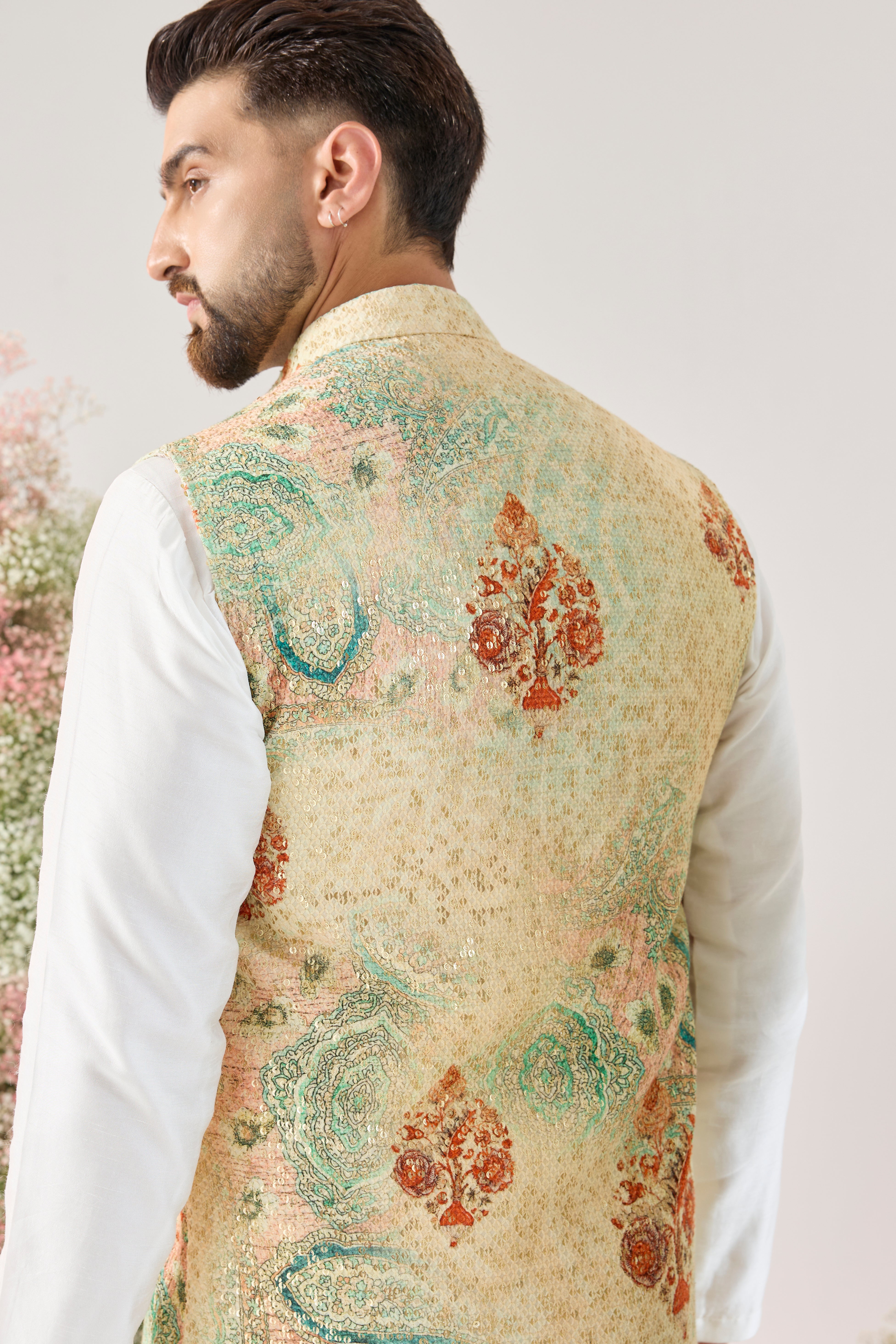 multi coloured kalamkari embrodried  long open jacket with sequin detailing