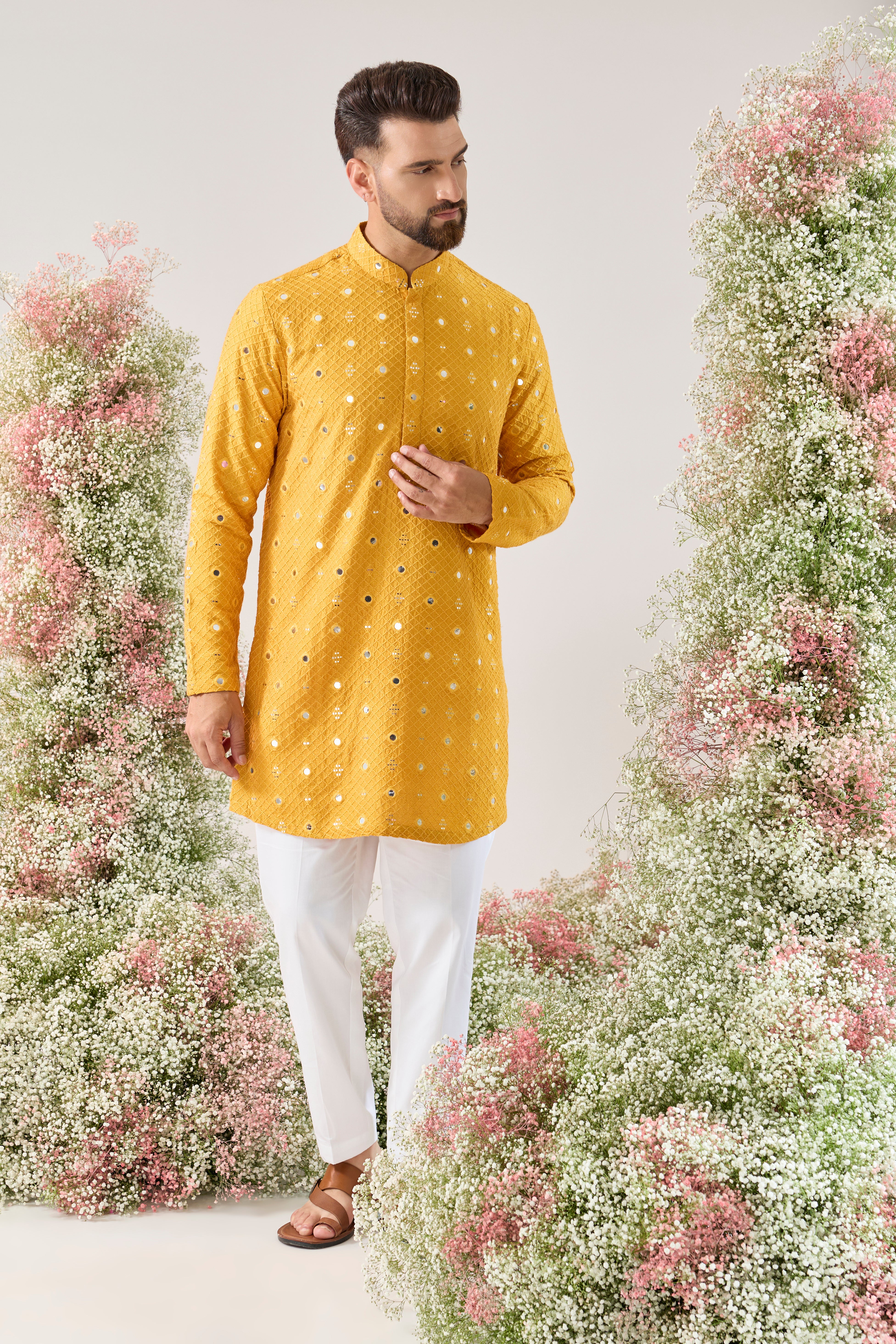 mustard short mirror work kurta