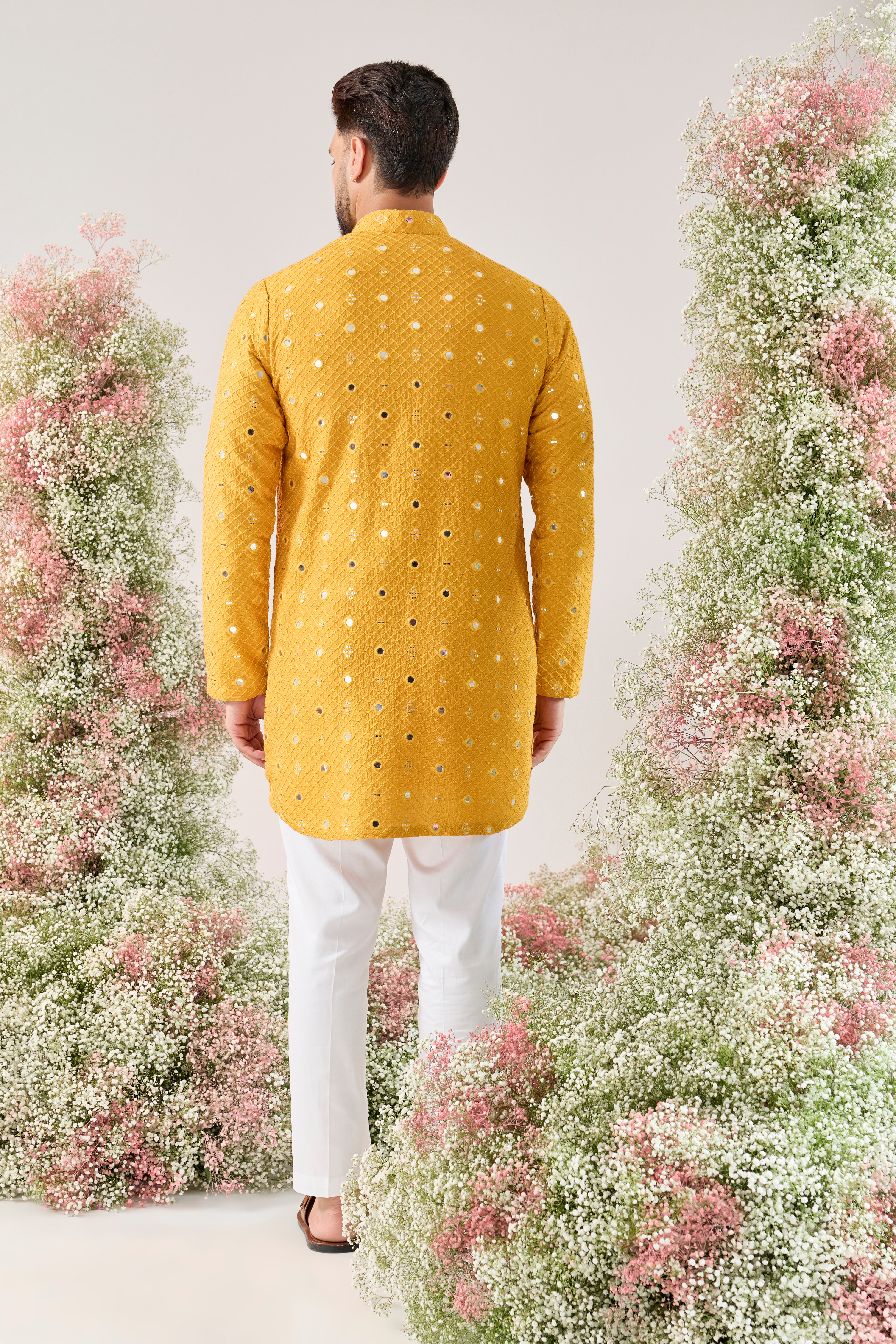 mustard short mirror work kurta