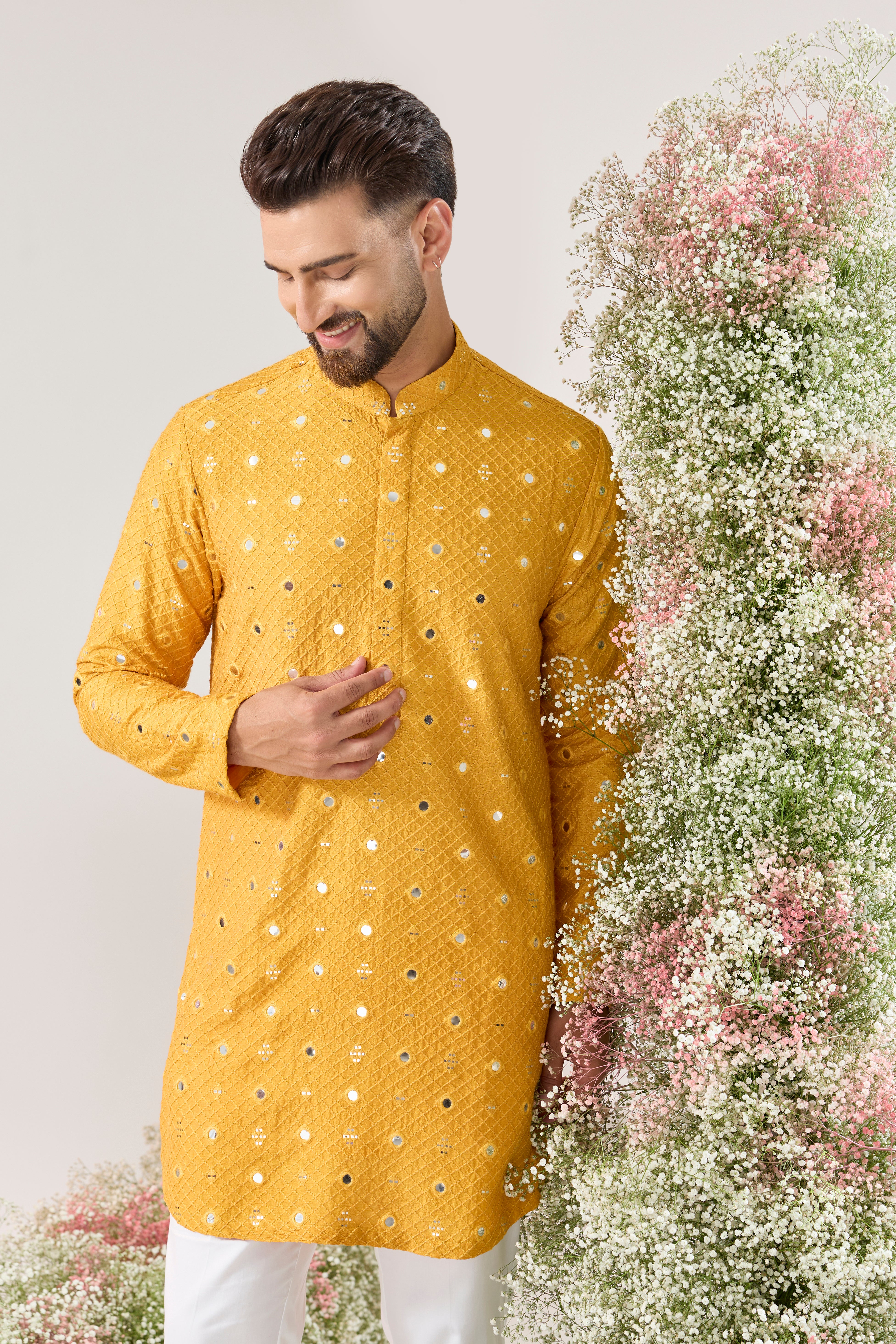 mustard short mirror work kurta