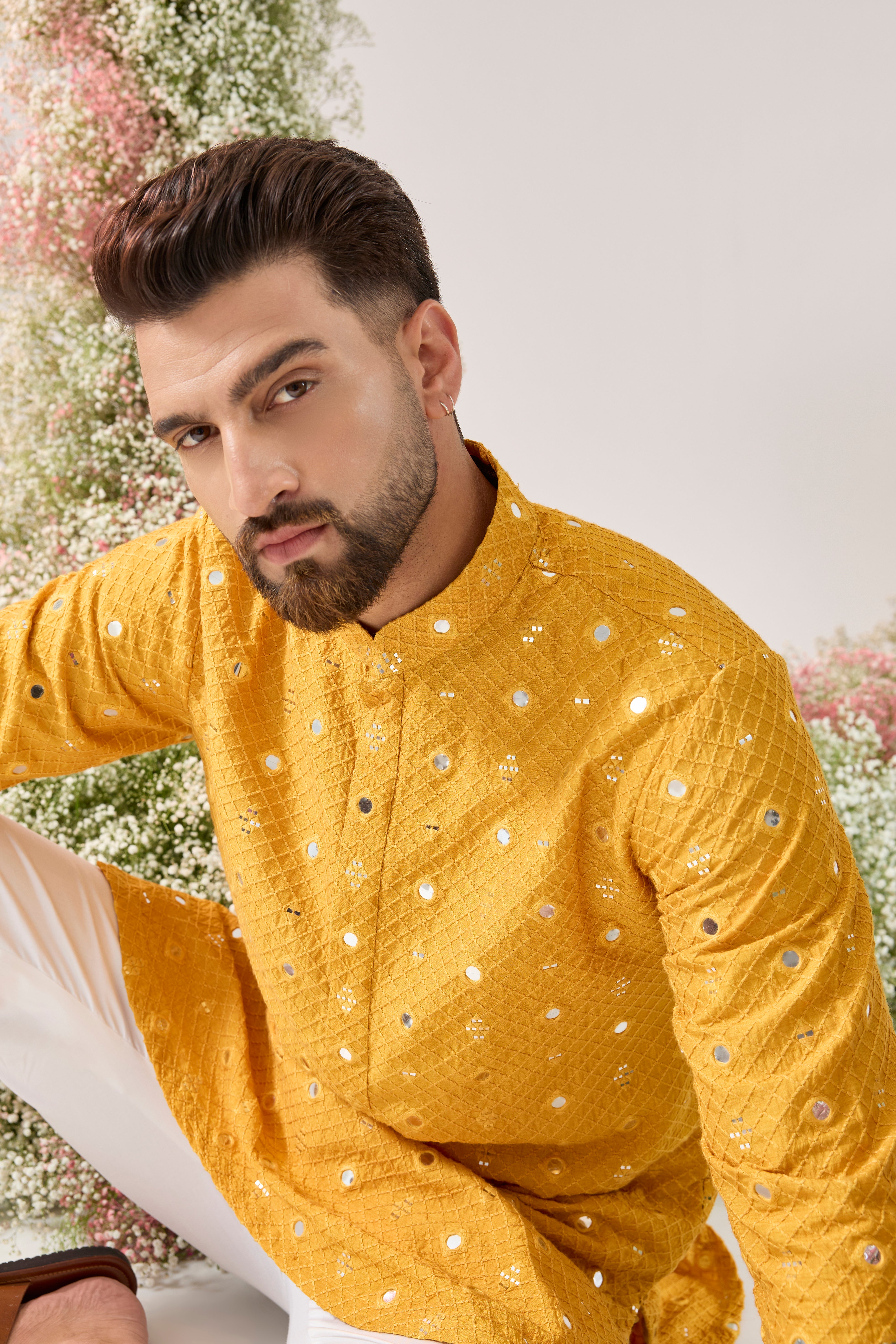 mustard short mirror work kurta