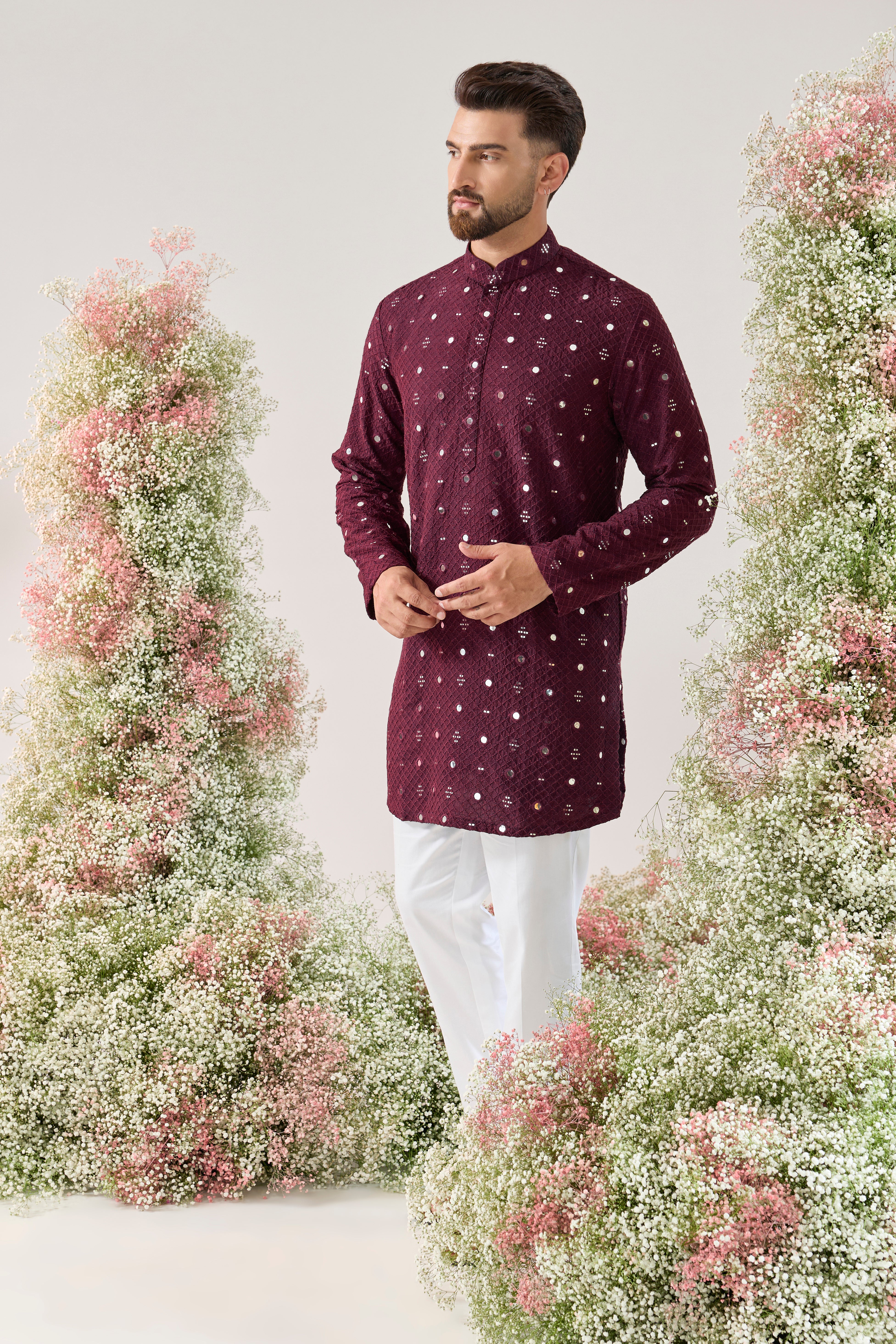 wine short mirror work kurta