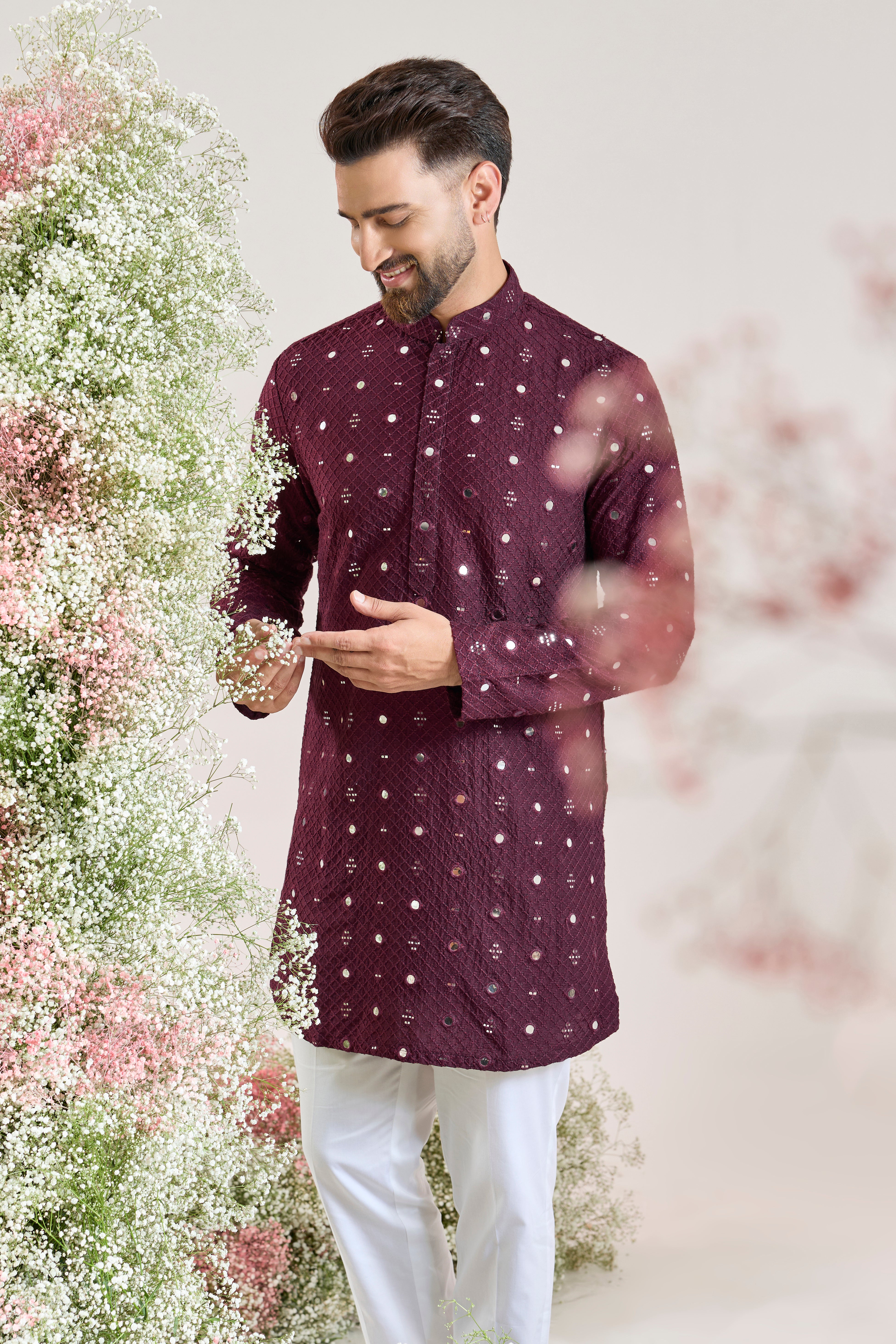 wine short mirror work kurta