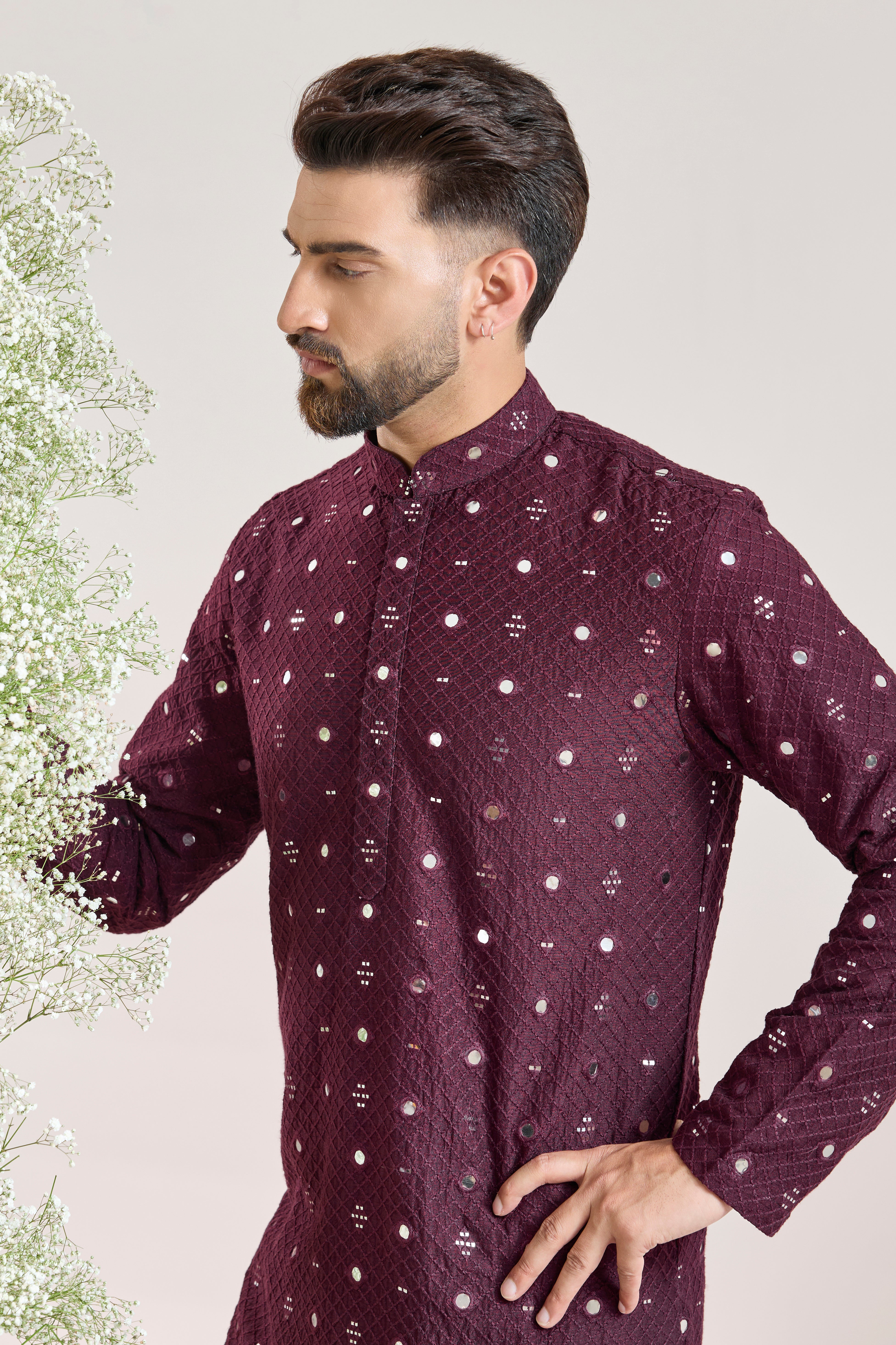 wine short mirror work kurta
