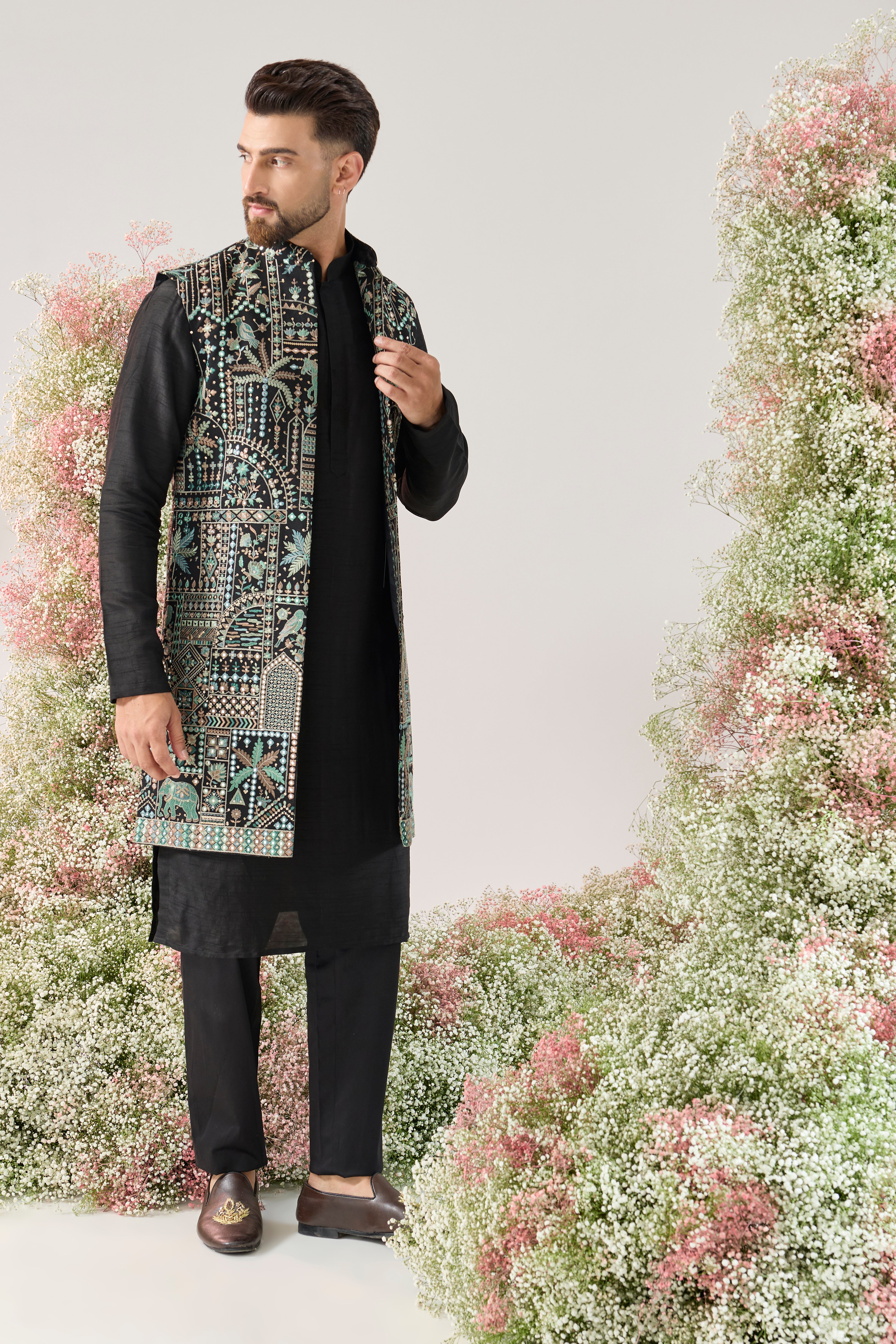 black long open jacket with deatiled flora and fauna motifs