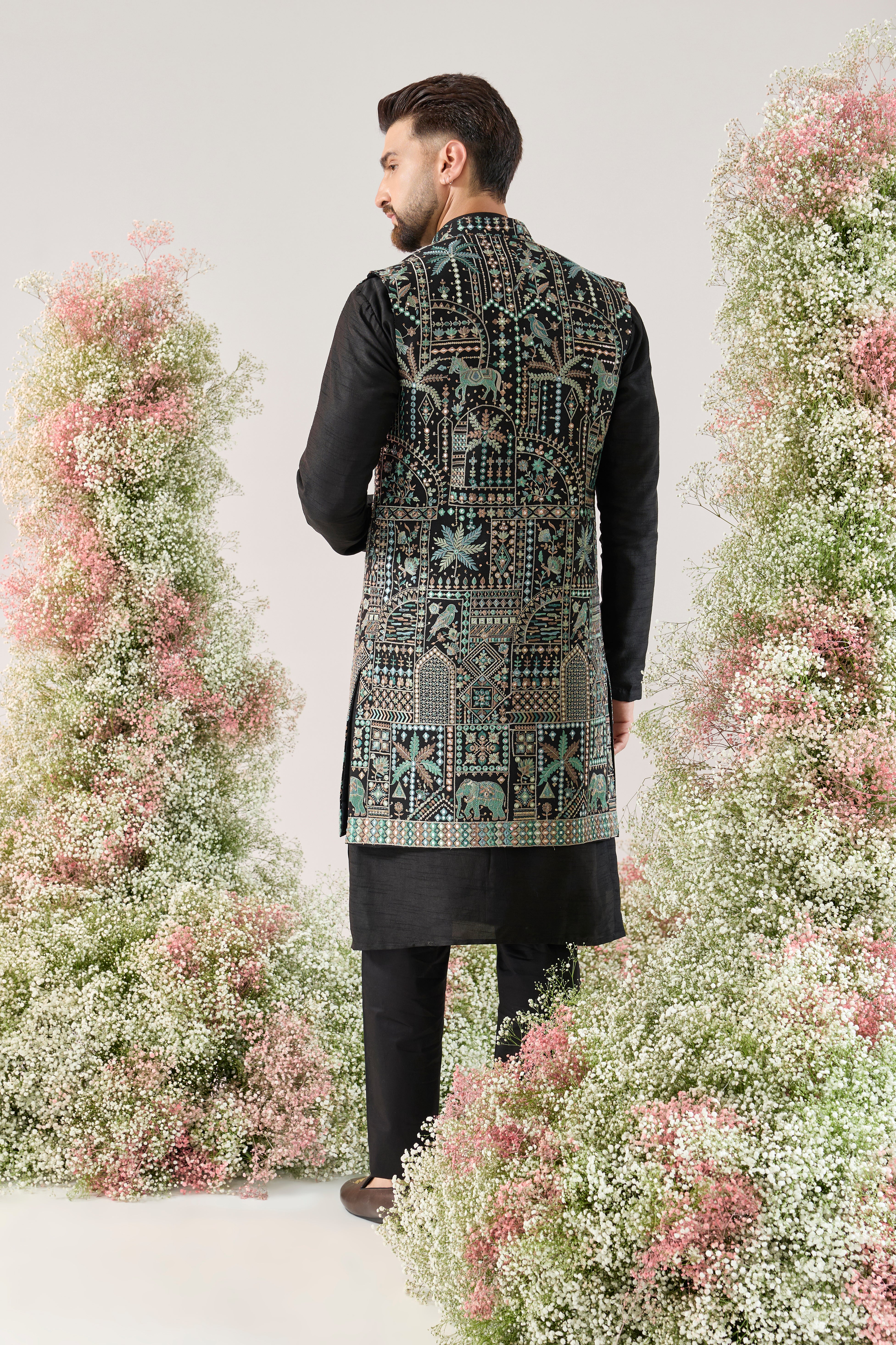 black long open jacket with deatiled flora and fauna motifs
