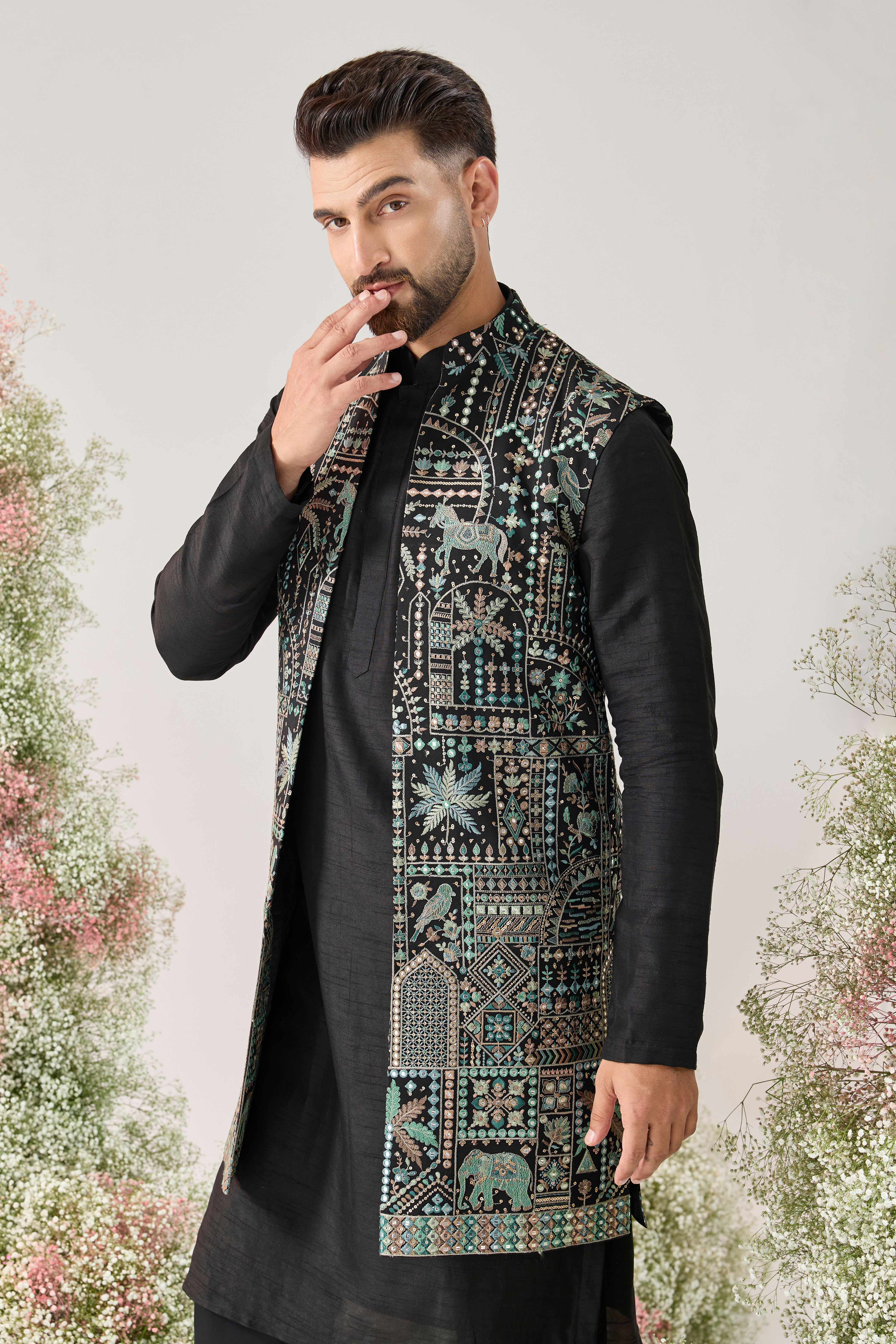 black long open jacket with deatiled flora and fauna motifs