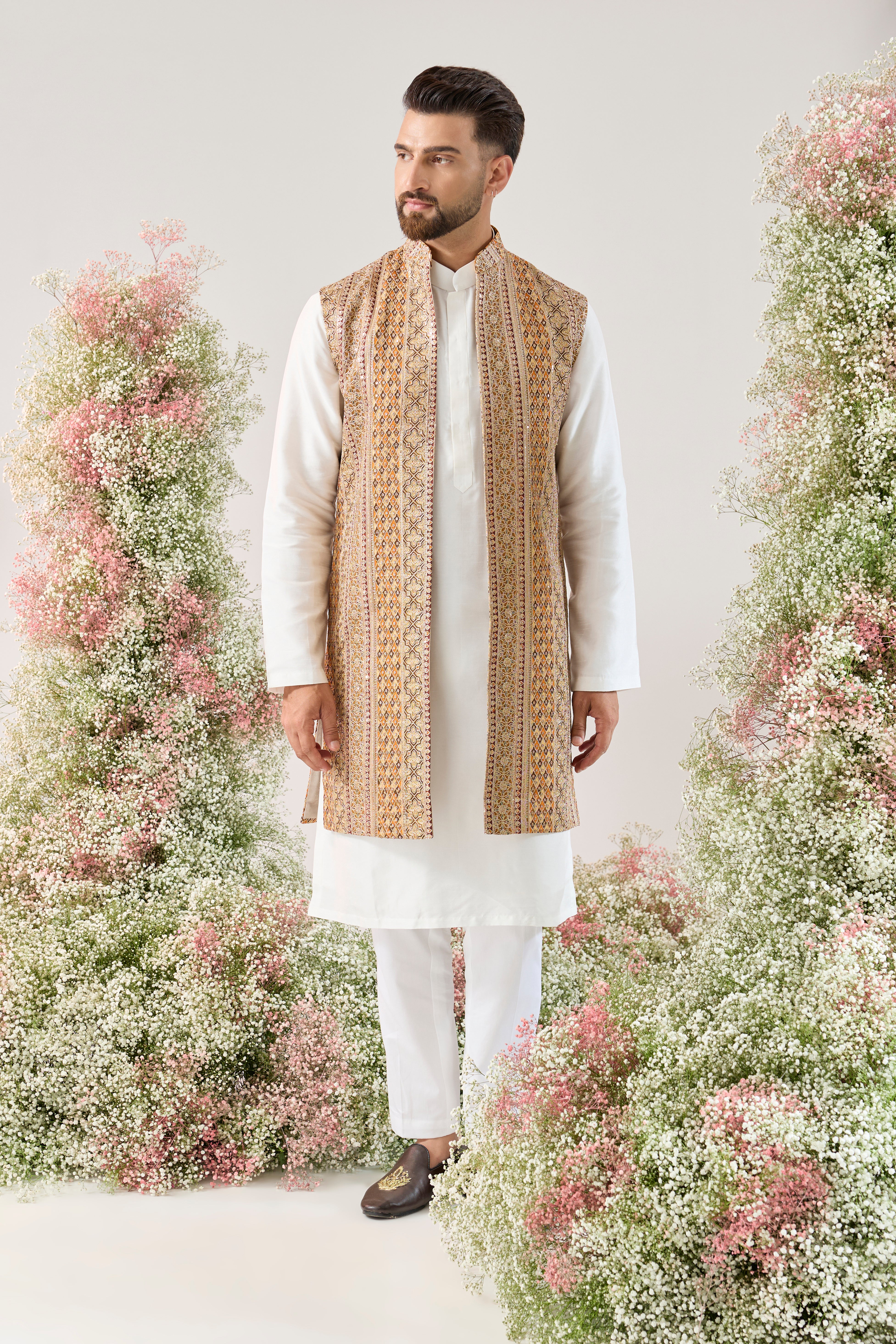 Tangerine Dream: Long Open Jacket with Heavy Zari & Sequin Opulence