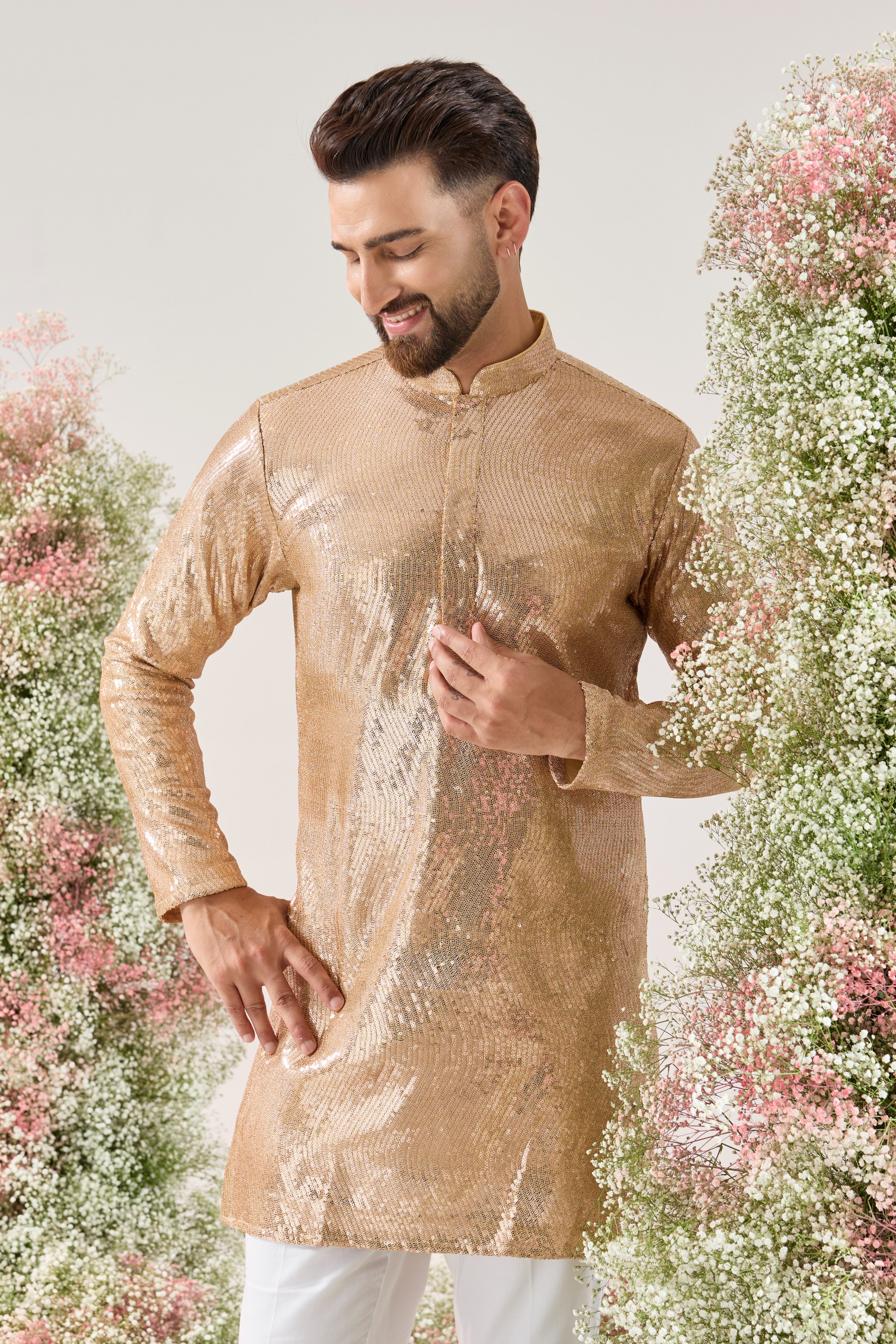 Rose Gold Radiance: Fully Sequined Short Kurta