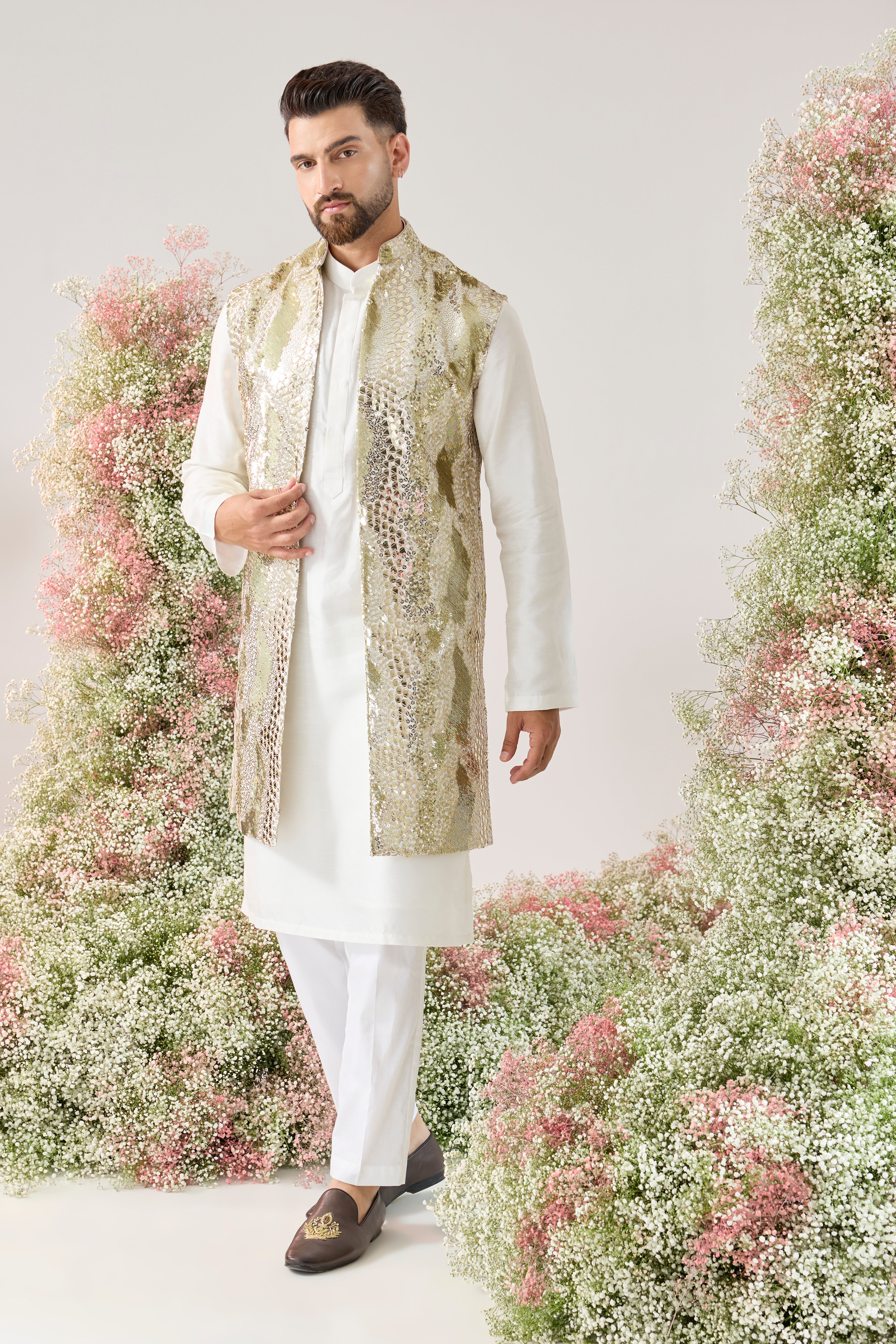 white and gold fully sequined long open jacket