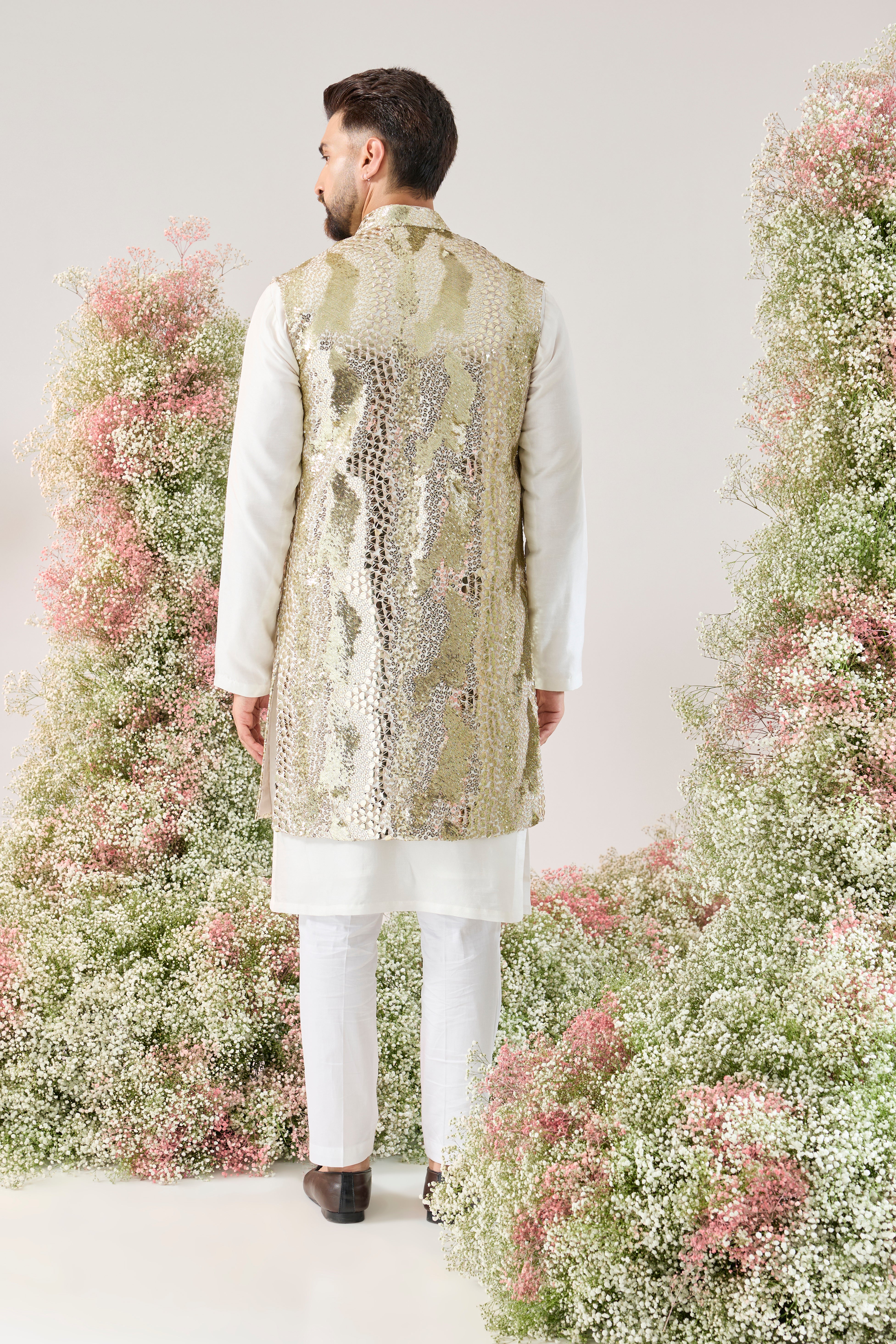 white and gold fully sequined long open jacket