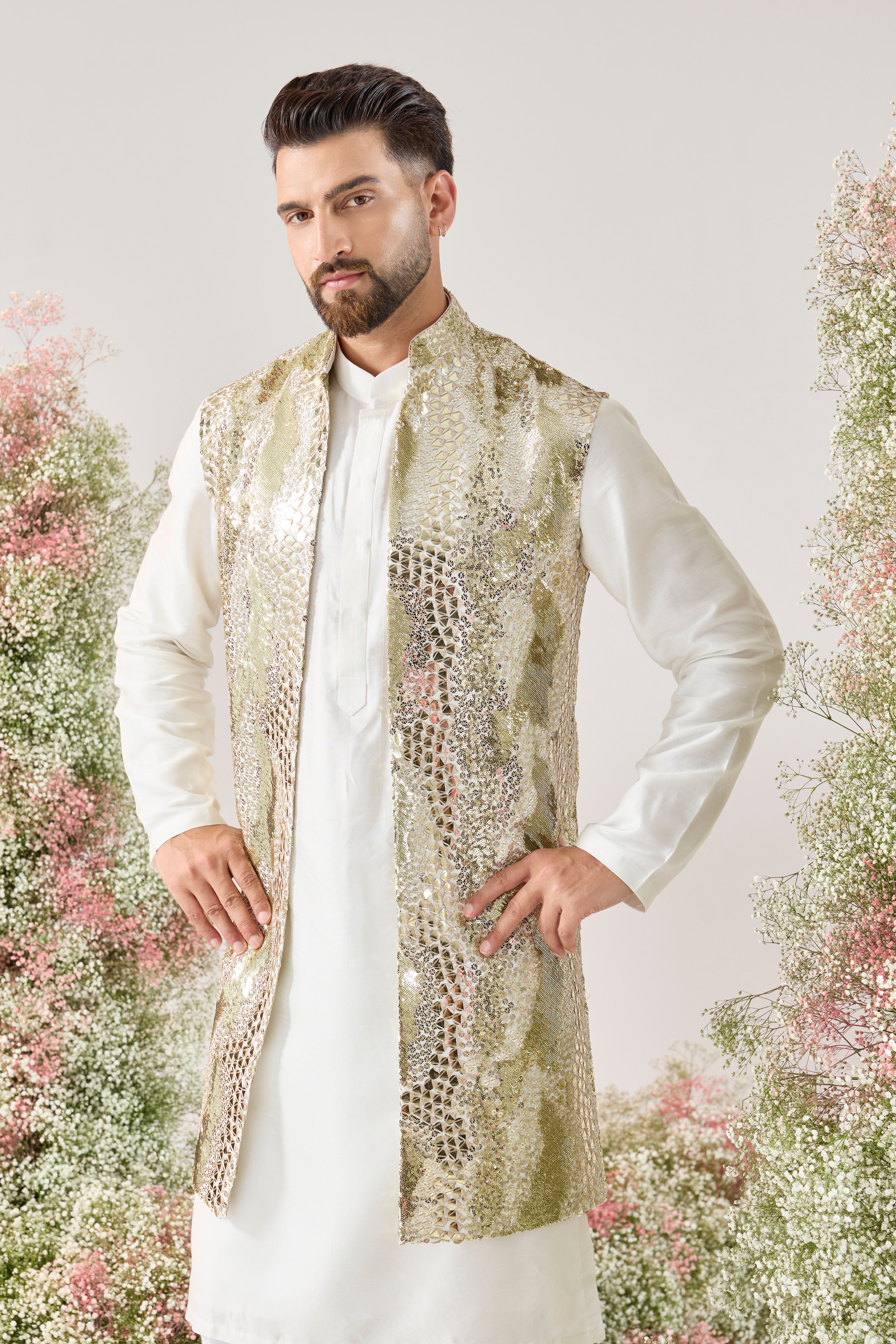 white and gold fully sequined long open jacket